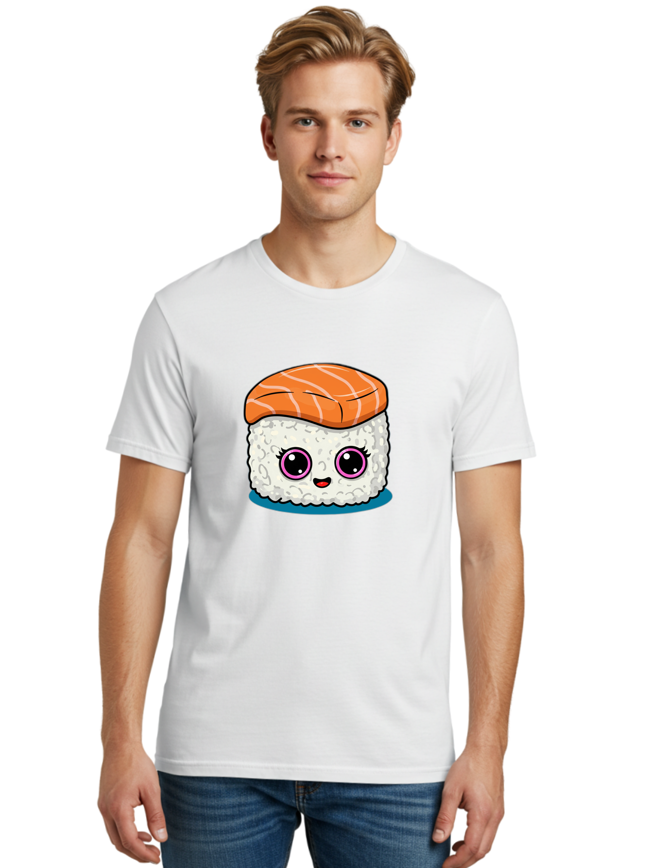 Salmon-Sushi Men'S Graphic Tee, 100% Cotton, Comfortable Casual Summer Wear, Machine Washable, Cartoon Sushi, Cute Sushi, Kawaii Food, Salmon Nigiri, Japanese Cuisine, Adorable Characters, Food Illustration, Sushi Art, Cartoon Character Design Bad988