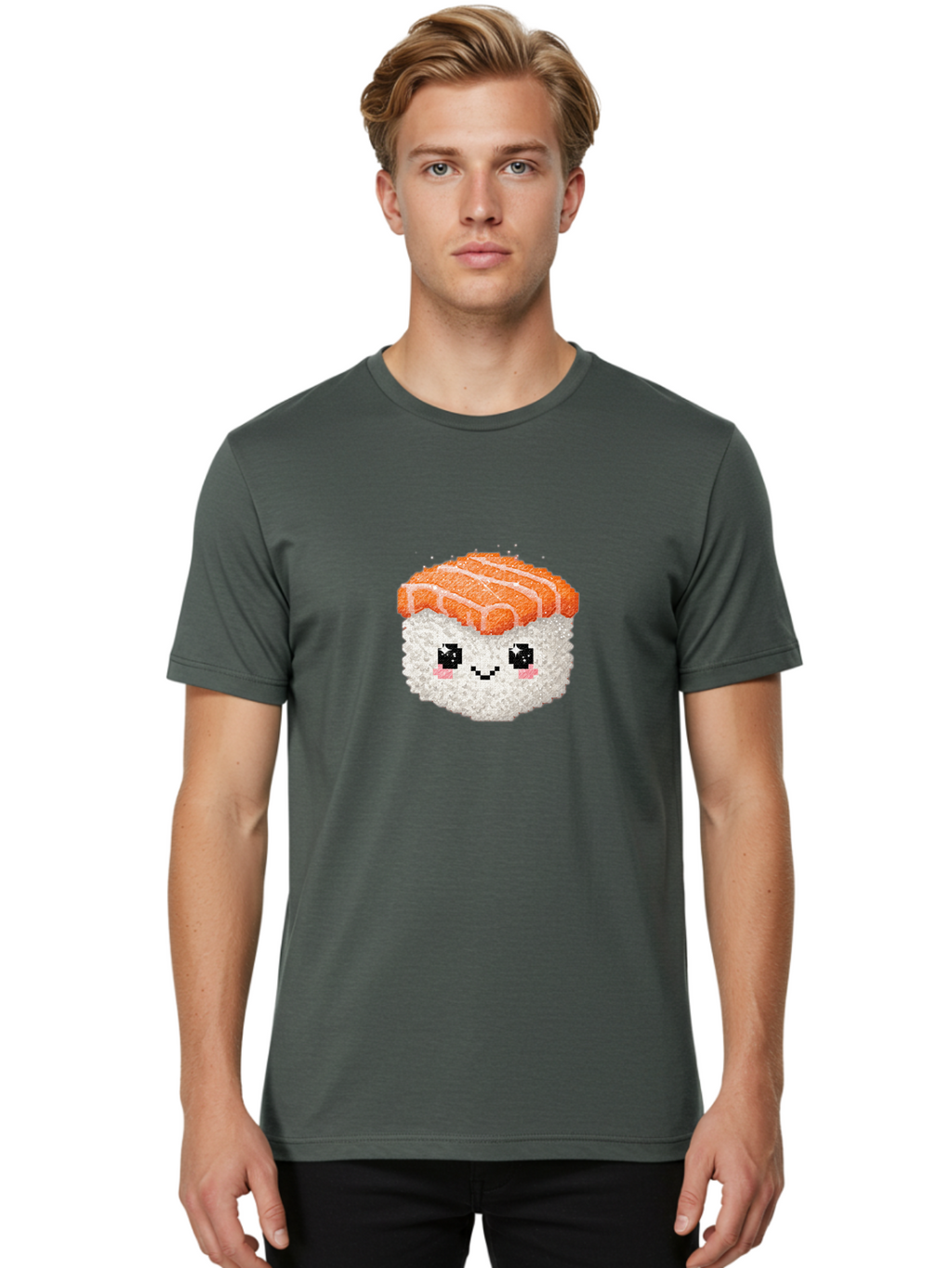Smiling-Salmon-Sushi Men'S Graphic Tee, 100% Cotton, Comfortable Casual Summer Wear, Machine Washable, Pixel Art, Sushi With Face, Salmon Topping, White Rice, Kawaii Food, Cute Cartoon Character, Japanese Cuisine, Digital Illustration, Bad989
