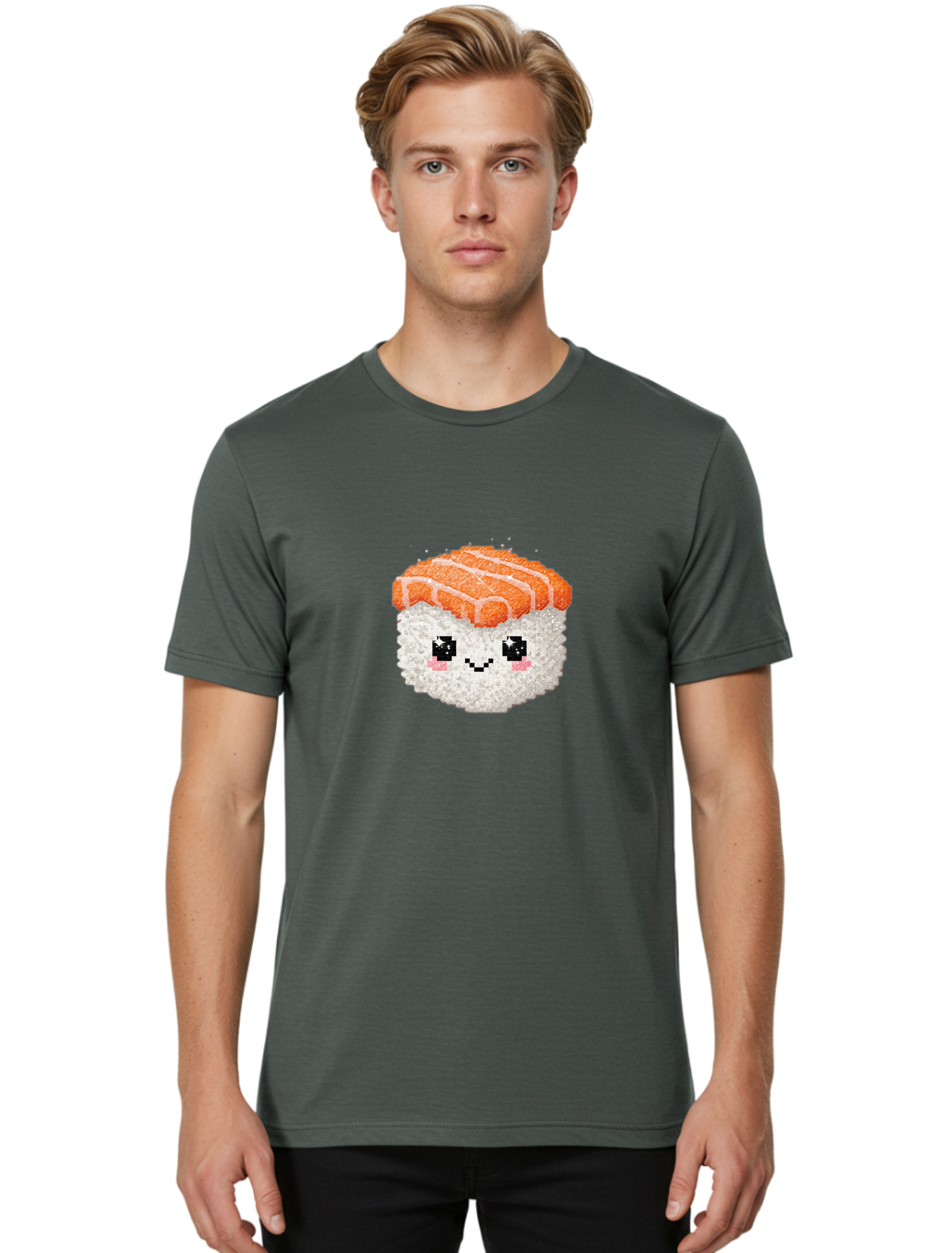 Smiling-Salmon-Sushi Men'S Graphic Tee, 100% Cotton, Comfortable Casual Summer Wear, Machine Washable, Pixel Art, Sushi With Face, Salmon Topping, White Rice, Kawaii Food, Cute Cartoon Character, Japanese Cuisine, Digital Illustration, Bad989