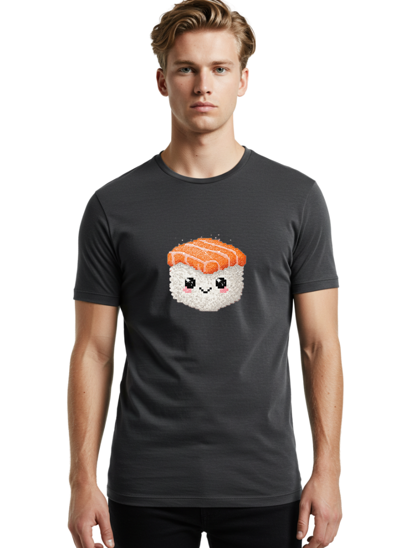 Smiling-Salmon-Sushi Men'S Graphic Tee, 100% Cotton, Comfortable Casual Summer Wear, Machine Washable, Pixel Art, Sushi With Face, Salmon Topping, White Rice, Kawaii Food, Cute Cartoon Character, Japanese Cuisine, Digital Illustration, Bad989