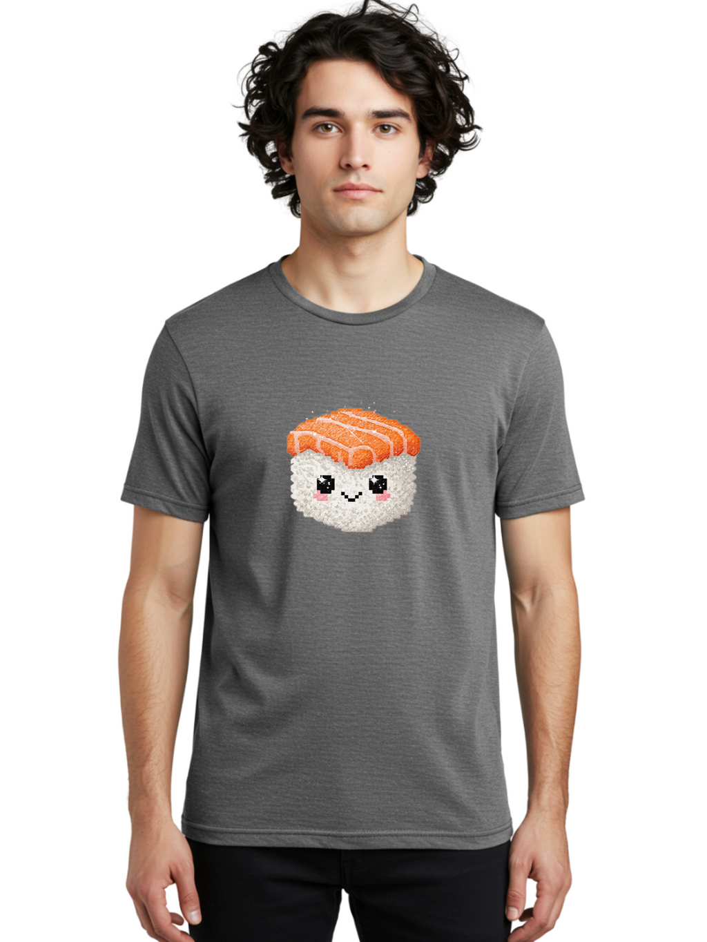 Smiling-Salmon-Sushi Men'S Graphic Tee, 100% Cotton, Comfortable Casual Summer Wear, Machine Washable, Pixel Art, Sushi With Face, Salmon Topping, White Rice, Kawaii Food, Cute Cartoon Character, Japanese Cuisine, Digital Illustration, Bad989