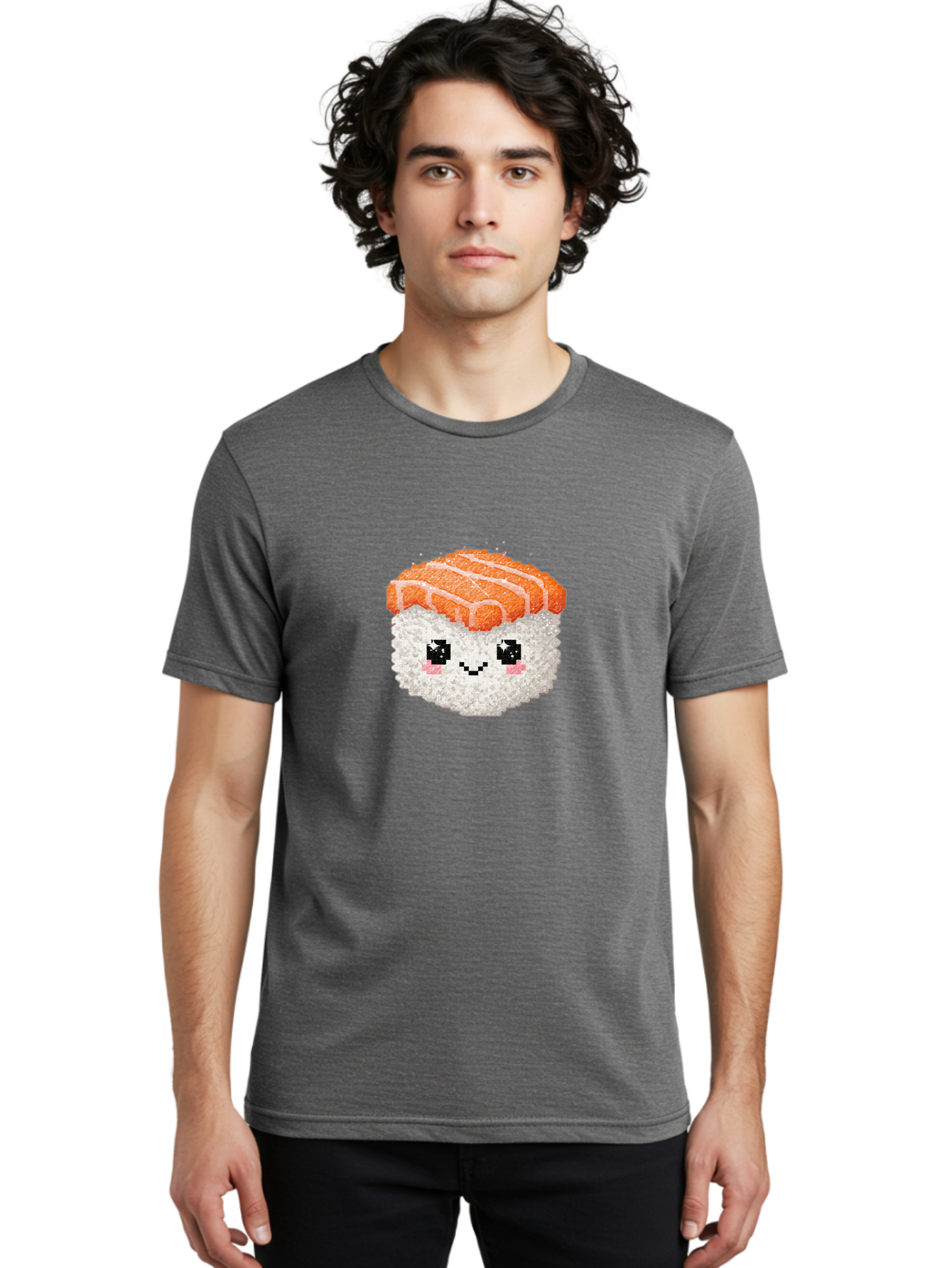 Smiling-Salmon-Sushi Men'S Graphic Tee, 100% Cotton, Comfortable Casual Summer Wear, Machine Washable, Pixel Art, Sushi With Face, Salmon Topping, White Rice, Kawaii Food, Cute Cartoon Character, Japanese Cuisine, Digital Illustration, Bad989