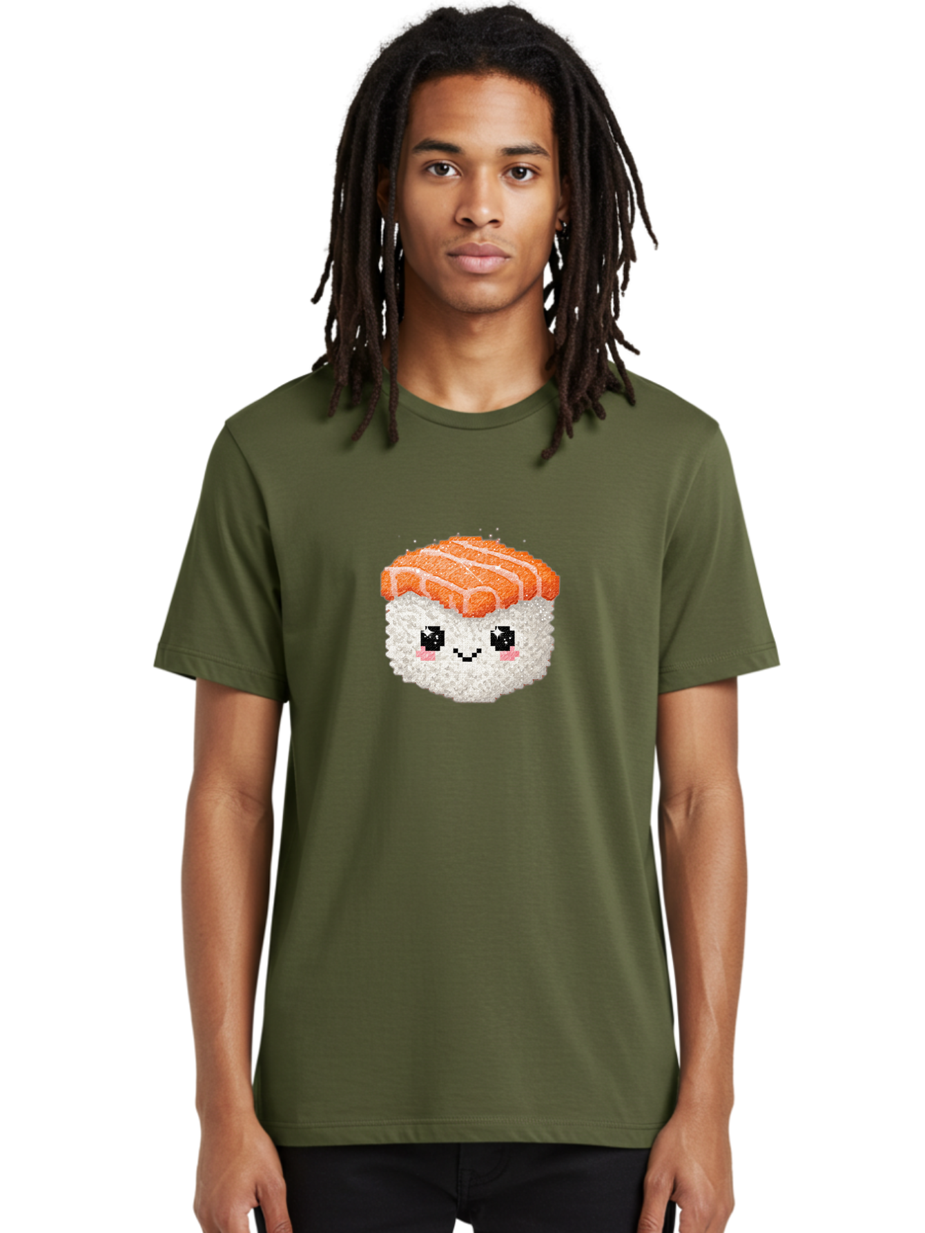 Smiling-Salmon-Sushi Men'S Graphic Tee, 100% Cotton, Comfortable Casual Summer Wear, Machine Washable, Pixel Art, Sushi With Face, Salmon Topping, White Rice, Kawaii Food, Cute Cartoon Character, Japanese Cuisine, Digital Illustration, Bad989