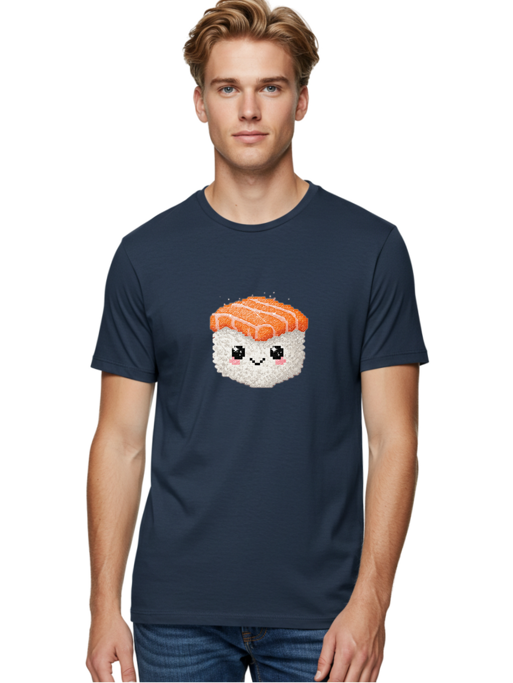Smiling-Salmon-Sushi Men'S Graphic Tee, 100% Cotton, Comfortable Casual Summer Wear, Machine Washable, Pixel Art, Sushi With Face, Salmon Topping, White Rice, Kawaii Food, Cute Cartoon Character, Japanese Cuisine, Digital Illustration, Bad989