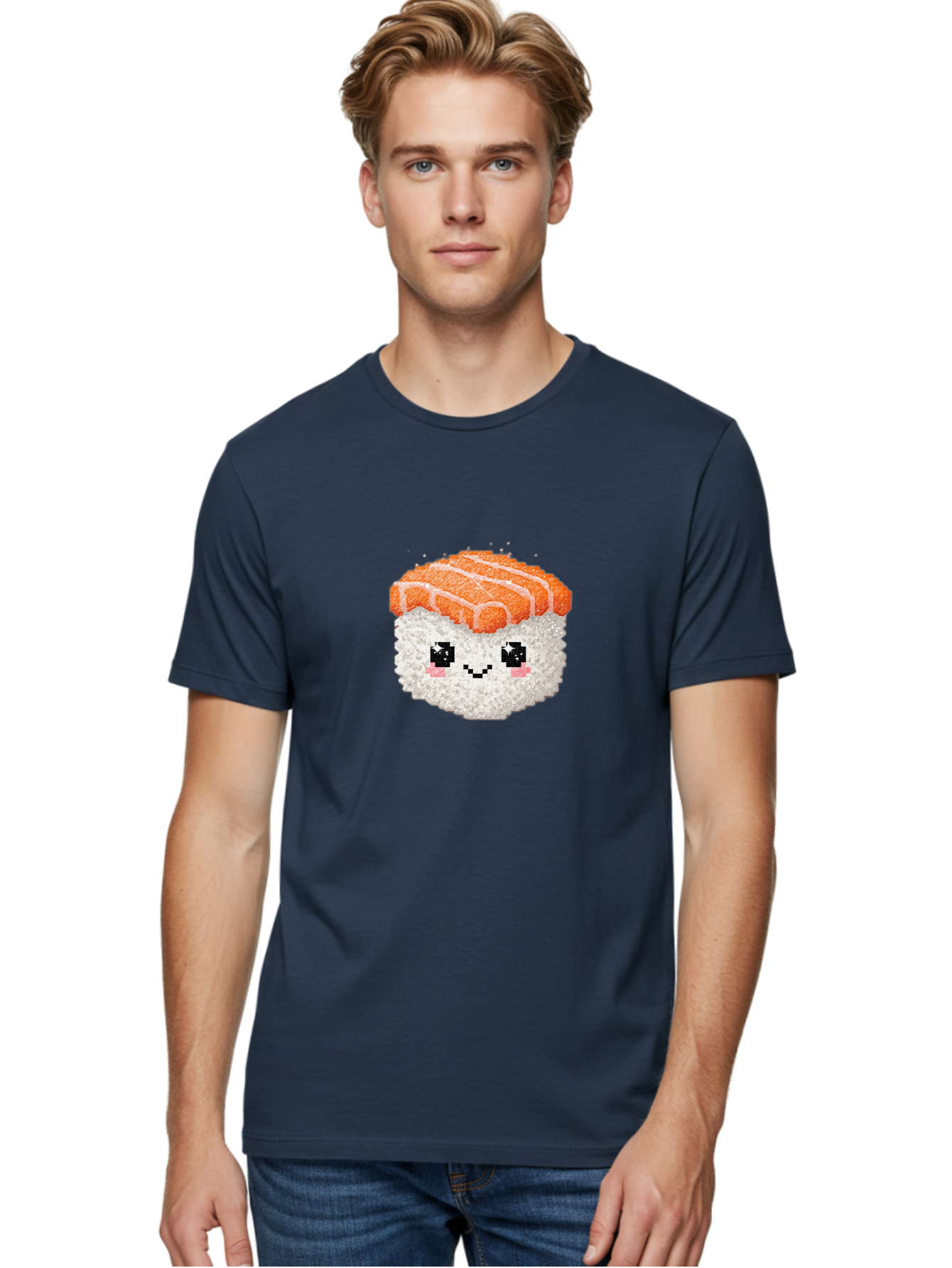 Smiling-Salmon-Sushi Men'S Graphic Tee, 100% Cotton, Comfortable Casual Summer Wear, Machine Washable, Pixel Art, Sushi With Face, Salmon Topping, White Rice, Kawaii Food, Cute Cartoon Character, Japanese Cuisine, Digital Illustration, Bad989