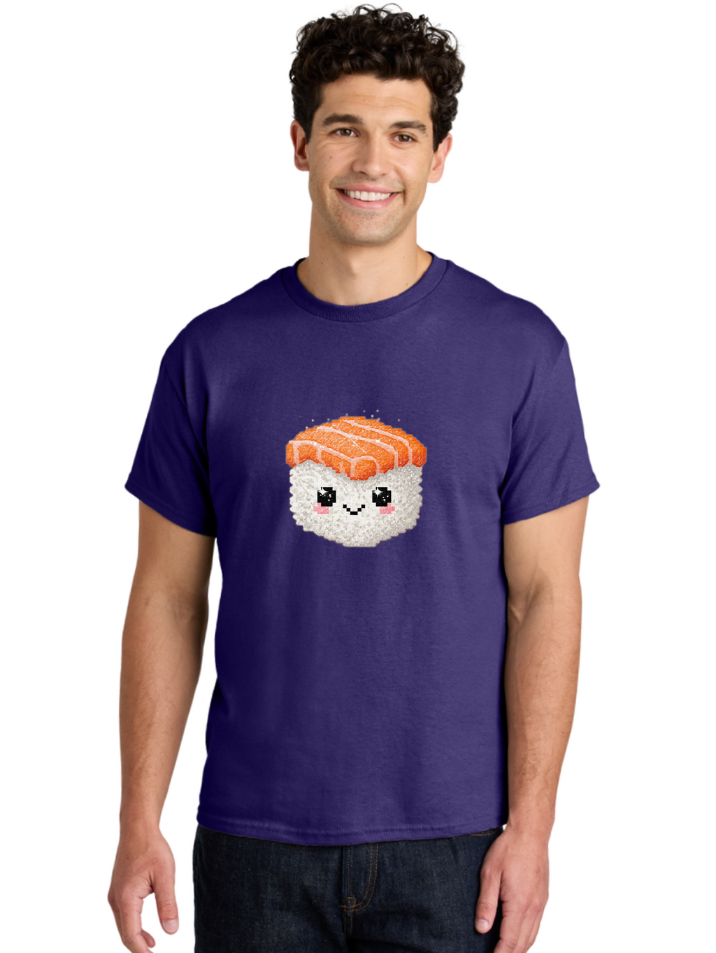 Smiling-Salmon-Sushi Men'S Graphic Tee, 100% Cotton, Comfortable Casual Summer Wear, Machine Washable, Pixel Art, Sushi With Face, Salmon Topping, White Rice, Kawaii Food, Cute Cartoon Character, Japanese Cuisine, Digital Illustration, Bad989