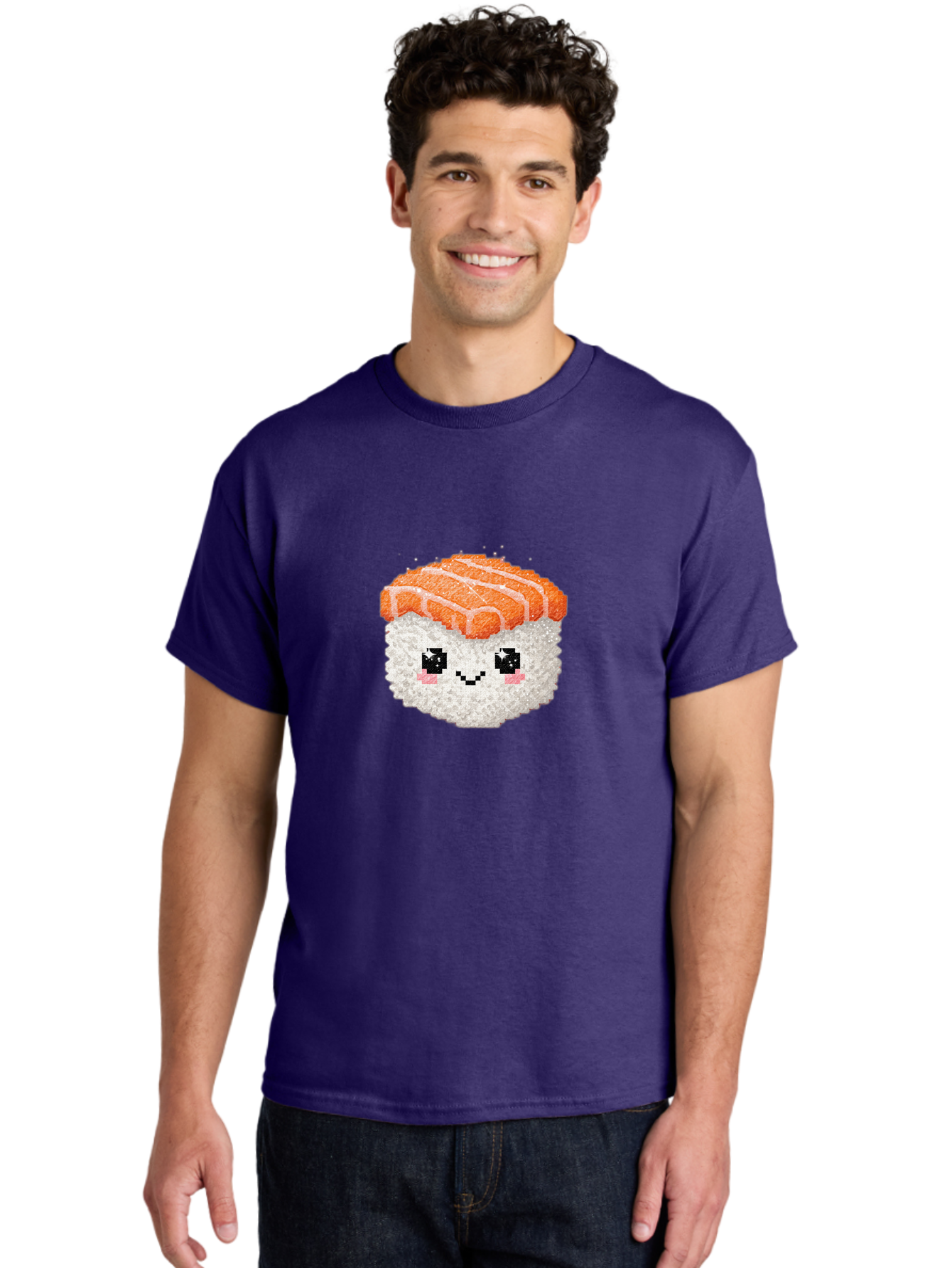 Smiling-Salmon-Sushi Men'S Graphic Tee, 100% Cotton, Comfortable Casual Summer Wear, Machine Washable, Pixel Art, Sushi With Face, Salmon Topping, White Rice, Kawaii Food, Cute Cartoon Character, Japanese Cuisine, Digital Illustration, Bad989