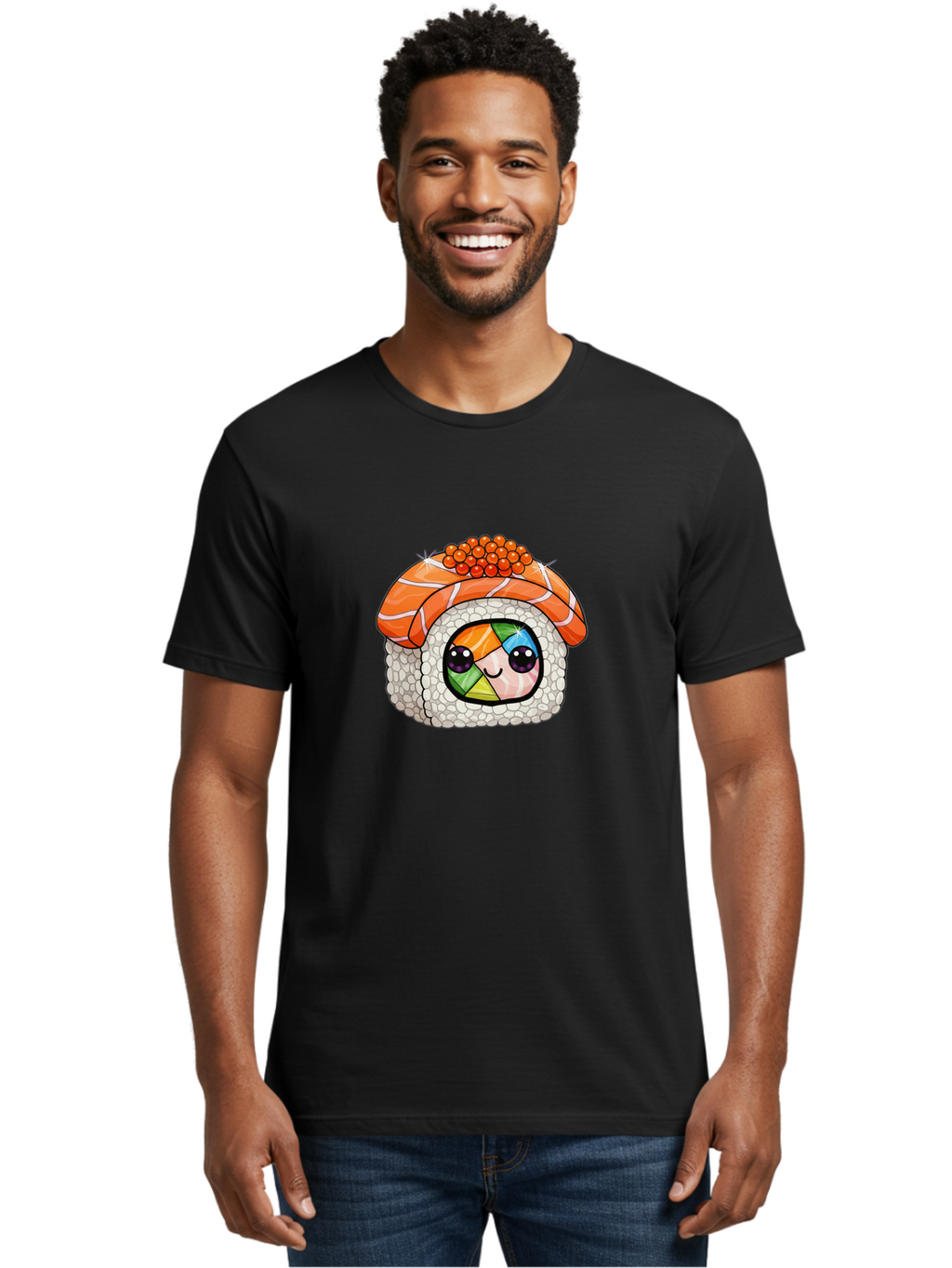 Smiling-Sushi Men'S Graphic Tee, 100% Cotton, Comfortable Casual Summer Wear, Machine Washable, Sushi Roll, Cartoon Sushi, Rainbow Filling, Orange Fish, Red Caviar, Kawaii Food, Sushi Art, Cute Sushi Bad990