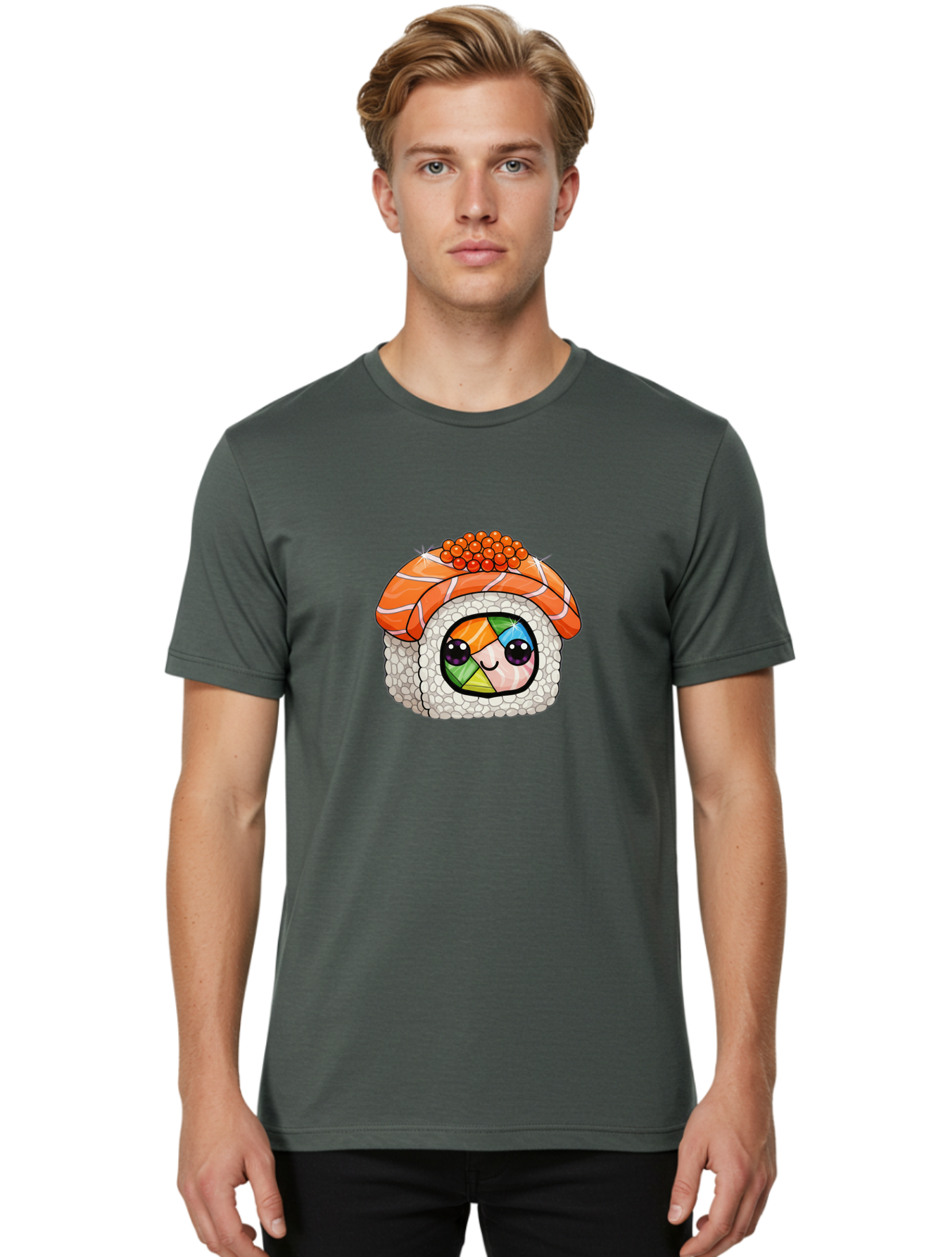Smiling-Sushi Men'S Graphic Tee, 100% Cotton, Comfortable Casual Summer Wear, Machine Washable, Sushi Roll, Cartoon Sushi, Rainbow Filling, Orange Fish, Red Caviar, Kawaii Food, Sushi Art, Cute Sushi Bad990