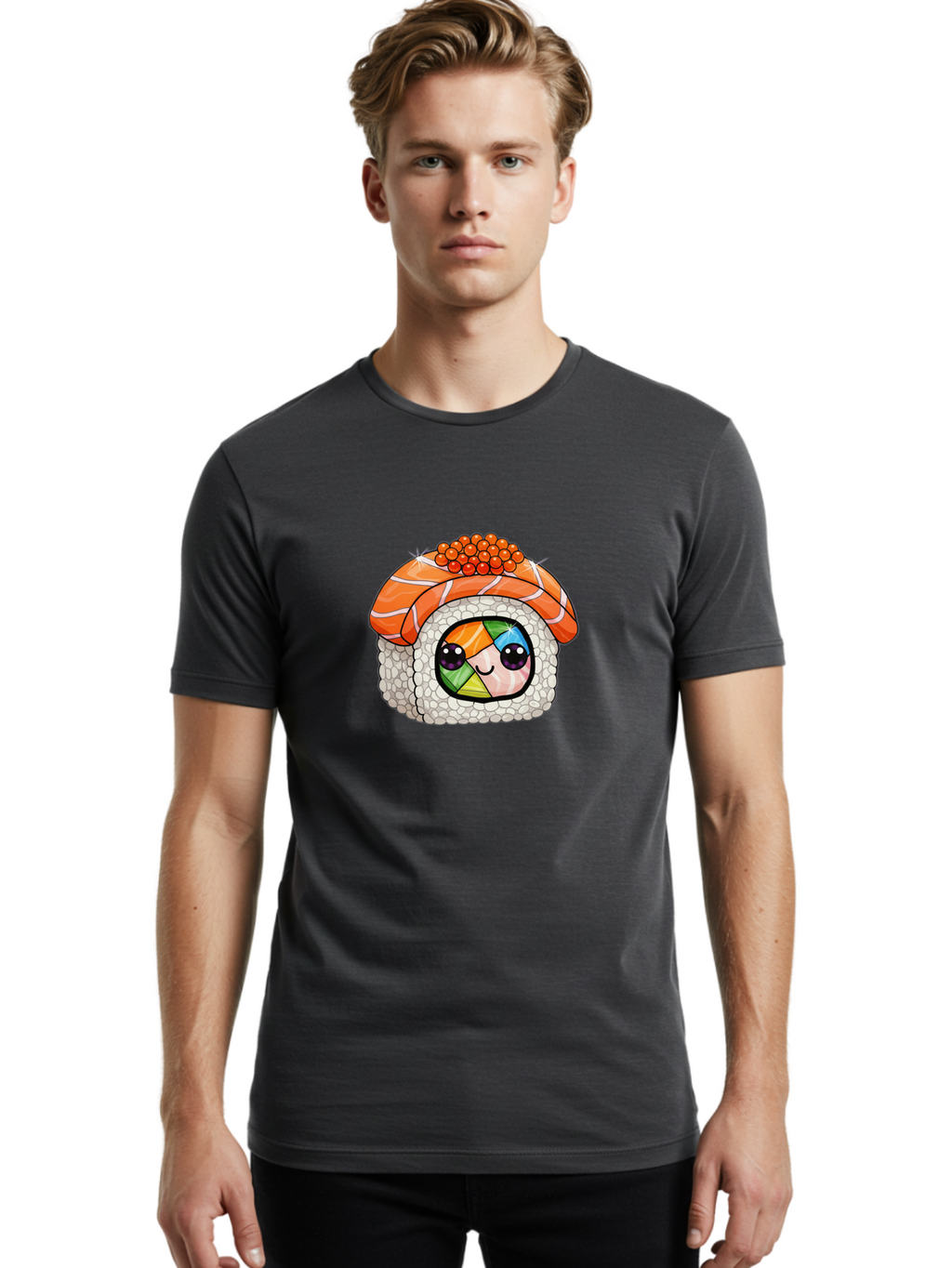 Smiling-Sushi Men'S Graphic Tee, 100% Cotton, Comfortable Casual Summer Wear, Machine Washable, Sushi Roll, Cartoon Sushi, Rainbow Filling, Orange Fish, Red Caviar, Kawaii Food, Sushi Art, Cute Sushi Bad990