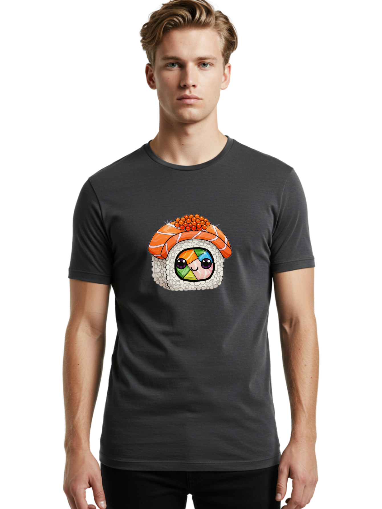 Smiling-Sushi Men'S Graphic Tee, 100% Cotton, Comfortable Casual Summer Wear, Machine Washable, Sushi Roll, Cartoon Sushi, Rainbow Filling, Orange Fish, Red Caviar, Kawaii Food, Sushi Art, Cute Sushi Bad990