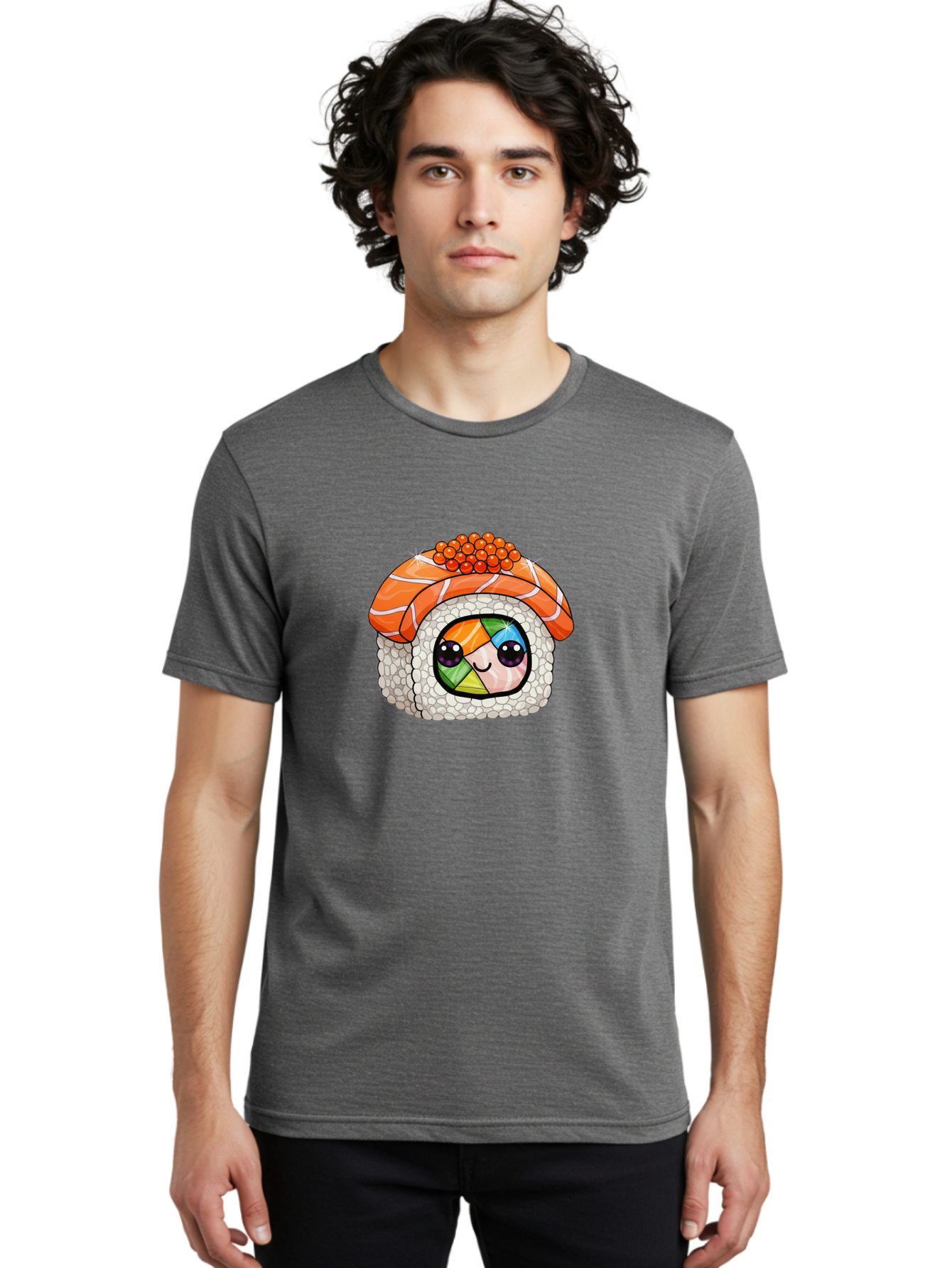 Smiling-Sushi Men'S Graphic Tee, 100% Cotton, Comfortable Casual Summer Wear, Machine Washable, Sushi Roll, Cartoon Sushi, Rainbow Filling, Orange Fish, Red Caviar, Kawaii Food, Sushi Art, Cute Sushi Bad990