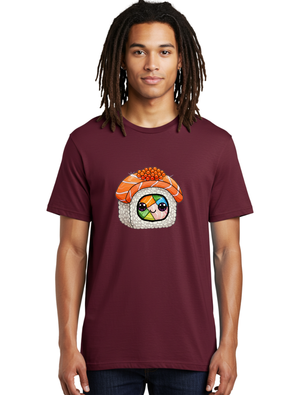 Smiling-Sushi Men'S Graphic Tee, 100% Cotton, Comfortable Casual Summer Wear, Machine Washable, Sushi Roll, Cartoon Sushi, Rainbow Filling, Orange Fish, Red Caviar, Kawaii Food, Sushi Art, Cute Sushi Bad990