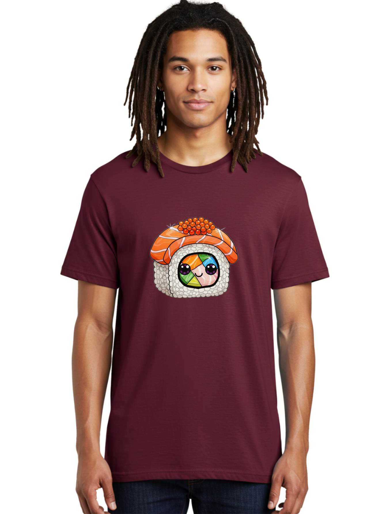Smiling-Sushi Men'S Graphic Tee, 100% Cotton, Comfortable Casual Summer Wear, Machine Washable, Sushi Roll, Cartoon Sushi, Rainbow Filling, Orange Fish, Red Caviar, Kawaii Food, Sushi Art, Cute Sushi Bad990