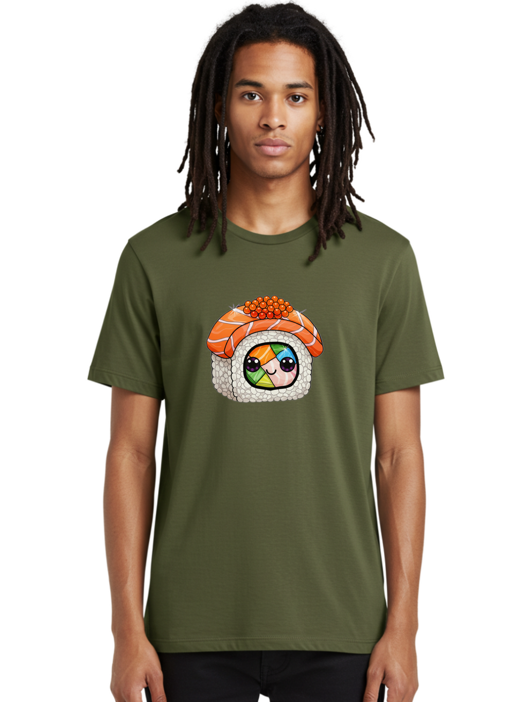 Smiling-Sushi Men'S Graphic Tee, 100% Cotton, Comfortable Casual Summer Wear, Machine Washable, Sushi Roll, Cartoon Sushi, Rainbow Filling, Orange Fish, Red Caviar, Kawaii Food, Sushi Art, Cute Sushi Bad990
