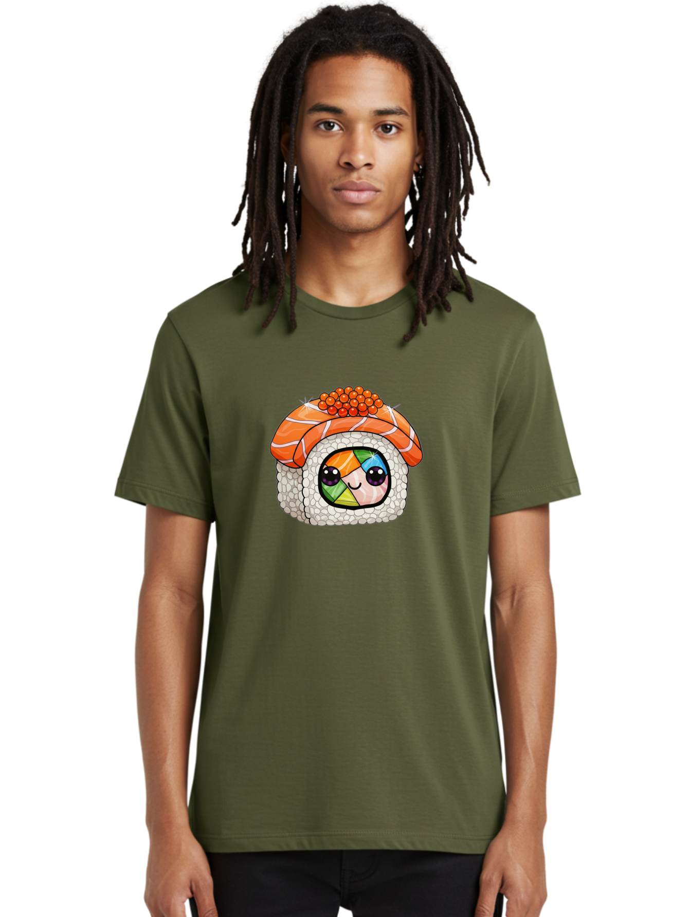 Smiling-Sushi Men'S Graphic Tee, 100% Cotton, Comfortable Casual Summer Wear, Machine Washable, Sushi Roll, Cartoon Sushi, Rainbow Filling, Orange Fish, Red Caviar, Kawaii Food, Sushi Art, Cute Sushi Bad990
