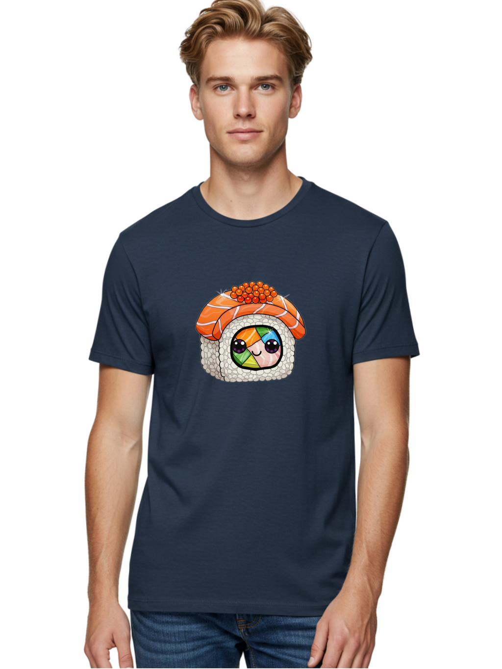 Smiling-Sushi Men'S Graphic Tee, 100% Cotton, Comfortable Casual Summer Wear, Machine Washable, Sushi Roll, Cartoon Sushi, Rainbow Filling, Orange Fish, Red Caviar, Kawaii Food, Sushi Art, Cute Sushi Bad990