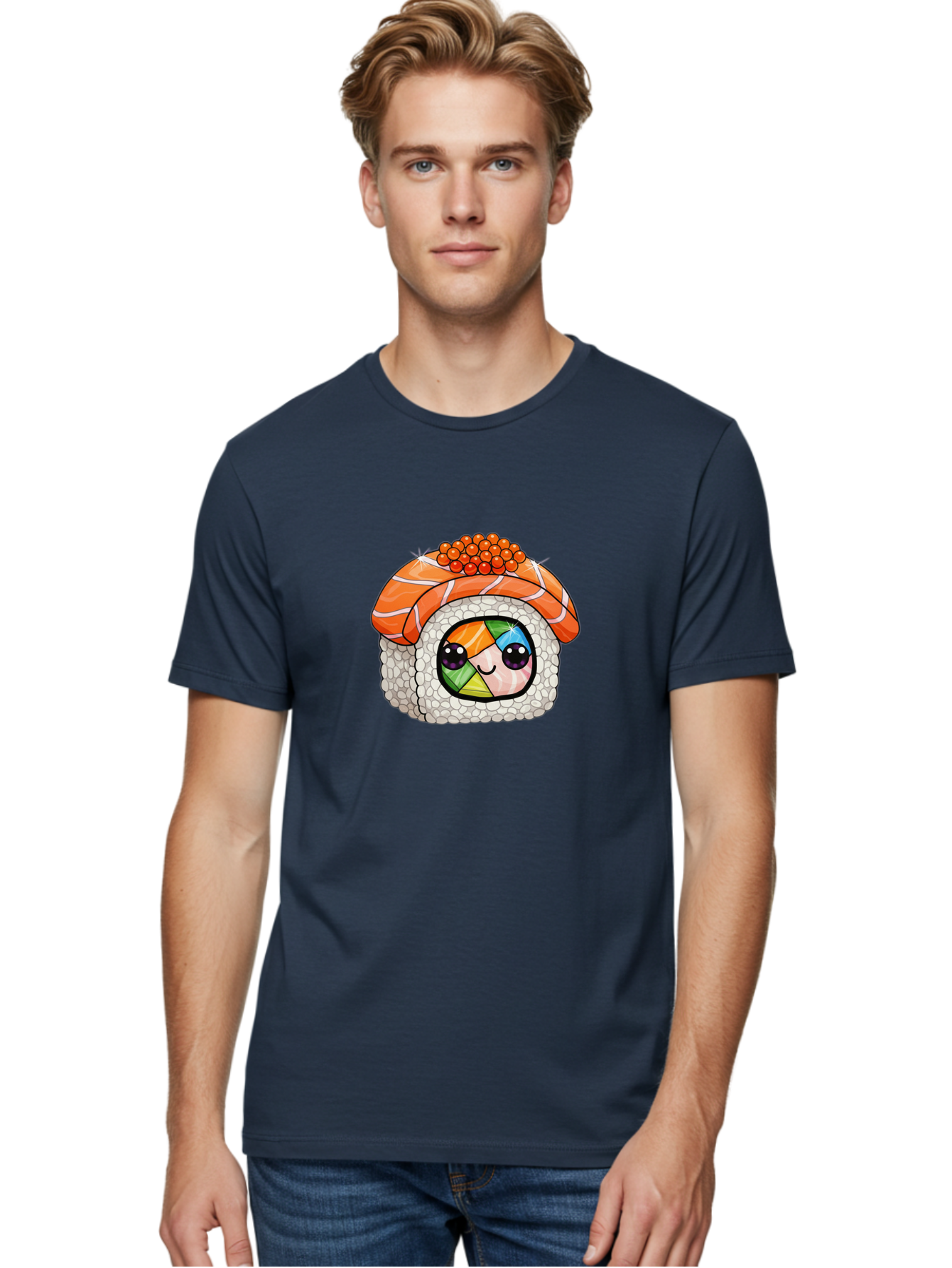 Smiling-Sushi Men'S Graphic Tee, 100% Cotton, Comfortable Casual Summer Wear, Machine Washable, Sushi Roll, Cartoon Sushi, Rainbow Filling, Orange Fish, Red Caviar, Kawaii Food, Sushi Art, Cute Sushi Bad990