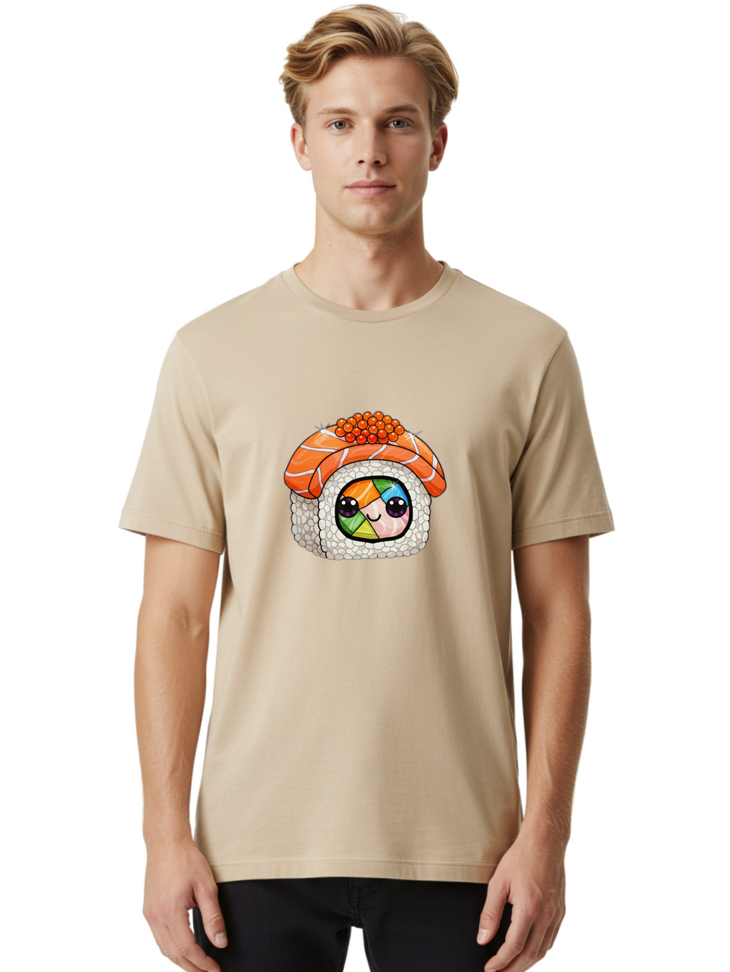Smiling-Sushi Men'S Graphic Tee, 100% Cotton, Comfortable Casual Summer Wear, Machine Washable, Sushi Roll, Cartoon Sushi, Rainbow Filling, Orange Fish, Red Caviar, Kawaii Food, Sushi Art, Cute Sushi Bad990