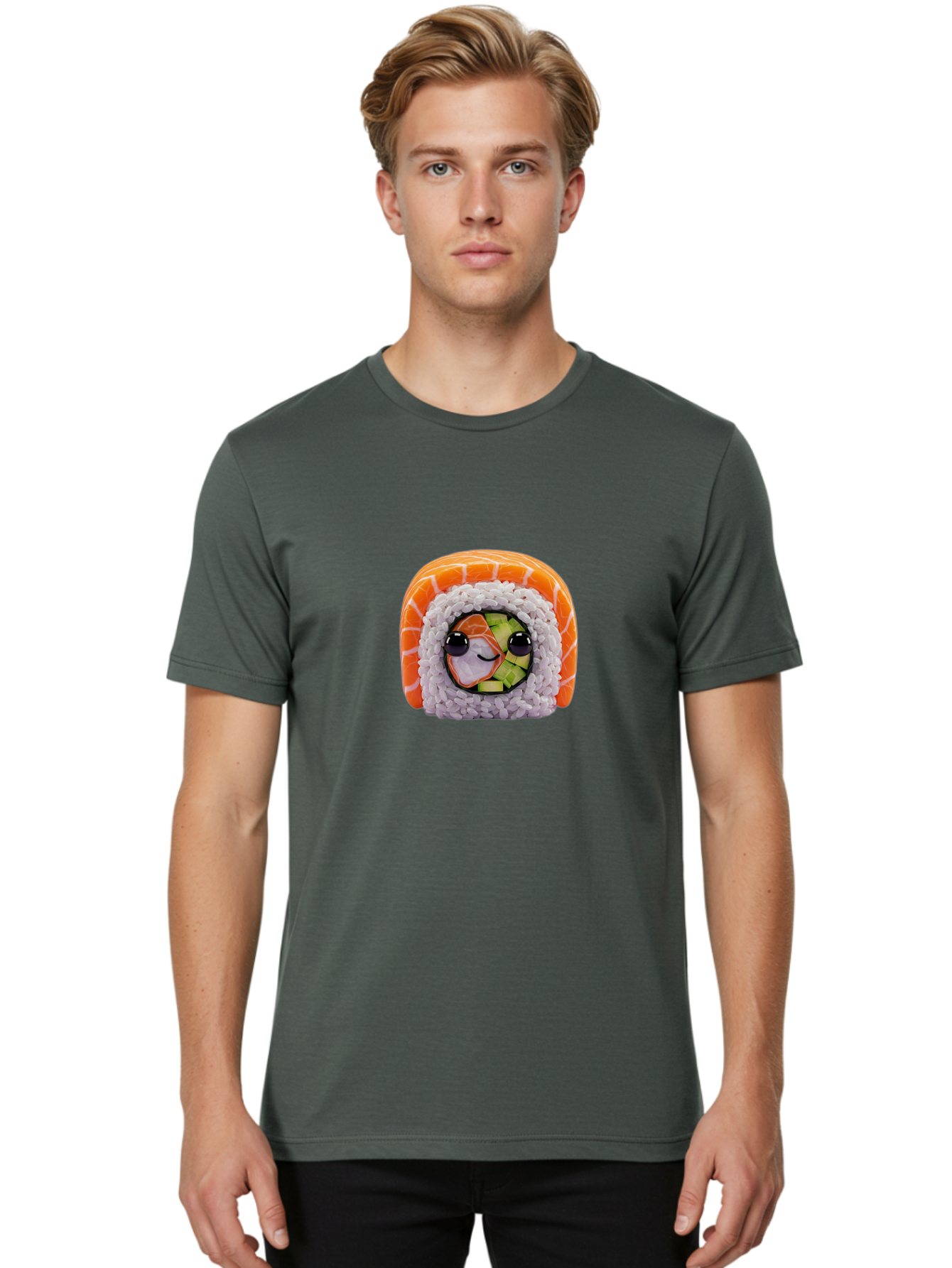 Sushi-Cartoon-Character-1 Men'S Graphic Tee, 100% Cotton, Comfortable Casual Summer Wear, Machine Washable, Sushi Roll, Kawaii Food, Plush Toy, Cartoon Character, Cute Sushi, Japanese Cuisine, Adorable Plushie, Soft Toy, Cartoon Eyes, Bad993