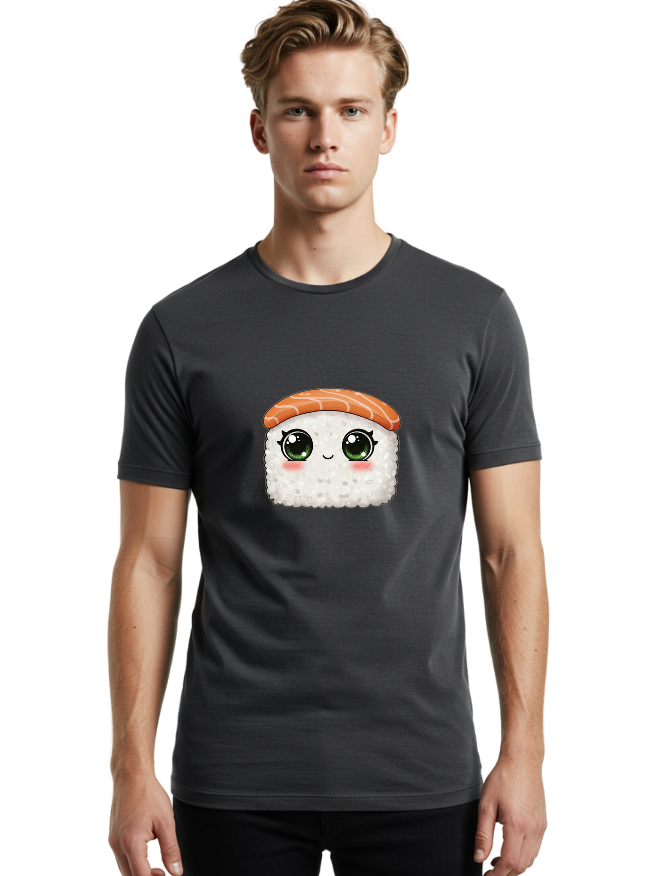 Sushi-Cartoon-Character Men'S Graphic Tee, 100% Cotton, Comfortable Casual Summer Wear, Machine Washable, Cartoon Sushi, Japanese Cuisine, Sushi Roll, Kawaii Food, Adorable Character, Green Eyes, Salmon Topping, White Rice, Cute Expression, Bad994