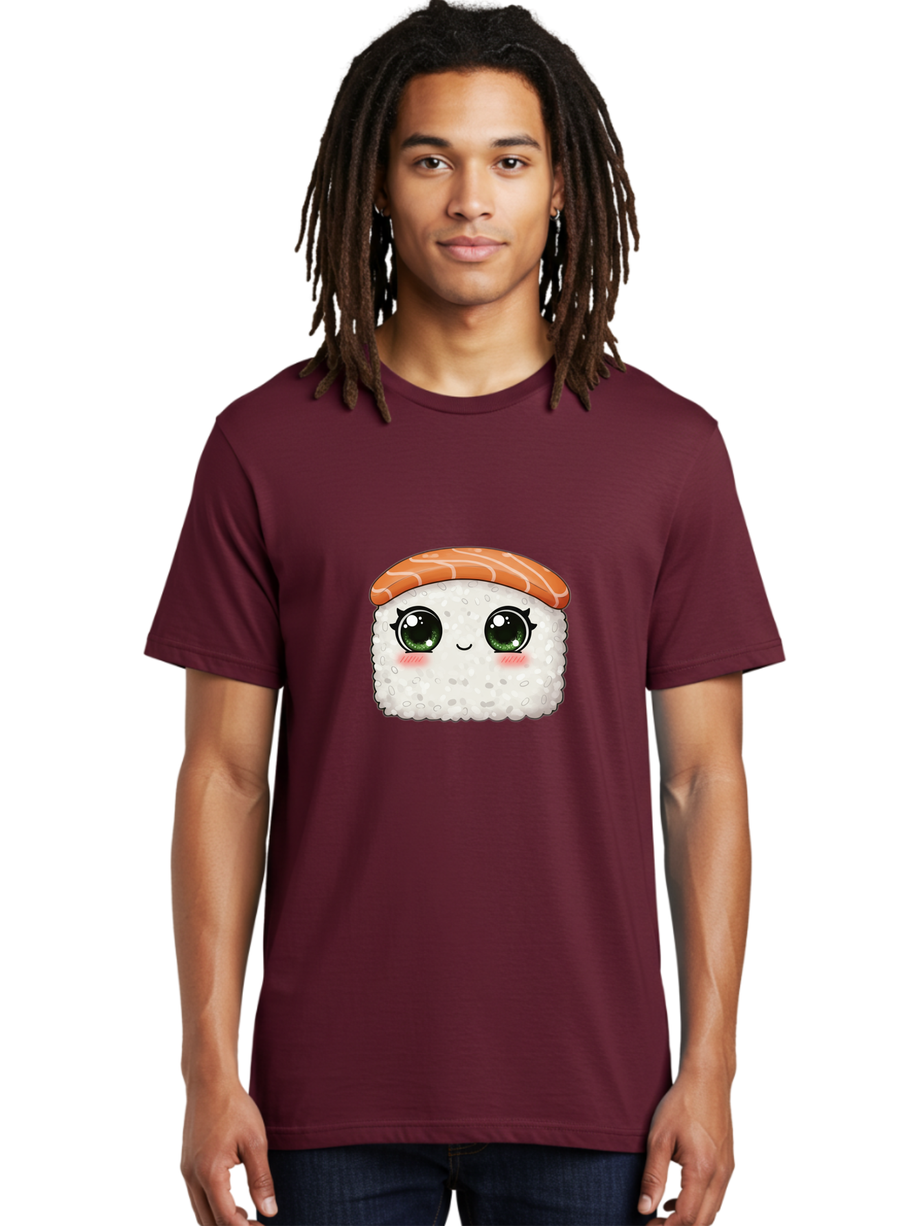 Sushi-Cartoon-Character Men'S Graphic Tee, 100% Cotton, Comfortable Casual Summer Wear, Machine Washable, Cartoon Sushi, Japanese Cuisine, Sushi Roll, Kawaii Food, Adorable Character, Green Eyes, Salmon Topping, White Rice, Cute Expression, Bad994