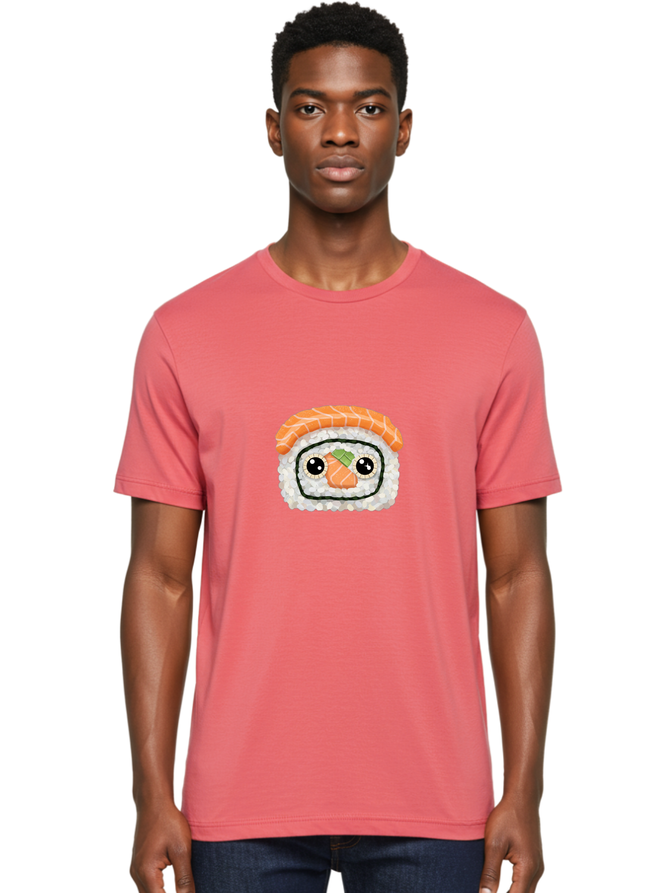 Sushi-Emoji Men'S Graphic Tee, 100% Cotton, Comfortable Casual Summer Wear, Machine Washable, Sushi With Face, Cartoon-Style Food, Kawaii Art, Sushi Roll, Anime-Inspired, Cute Illustration, Playful Design, Foodie Art Bad995