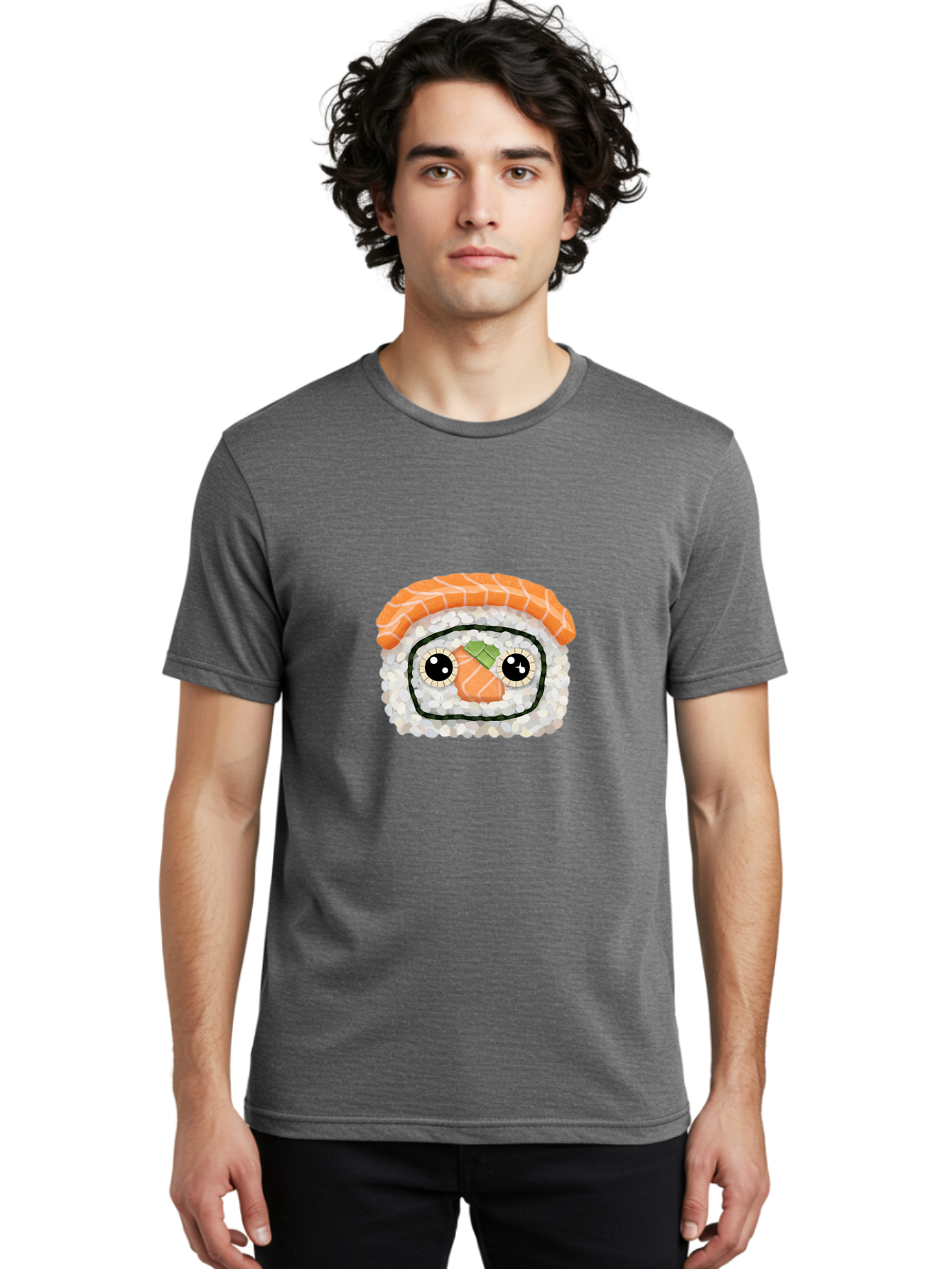 Sushi-Emoji Men'S Graphic Tee, 100% Cotton, Comfortable Casual Summer Wear, Machine Washable, Sushi With Face, Cartoon-Style Food, Kawaii Art, Sushi Roll, Anime-Inspired, Cute Illustration, Playful Design, Foodie Art Bad995