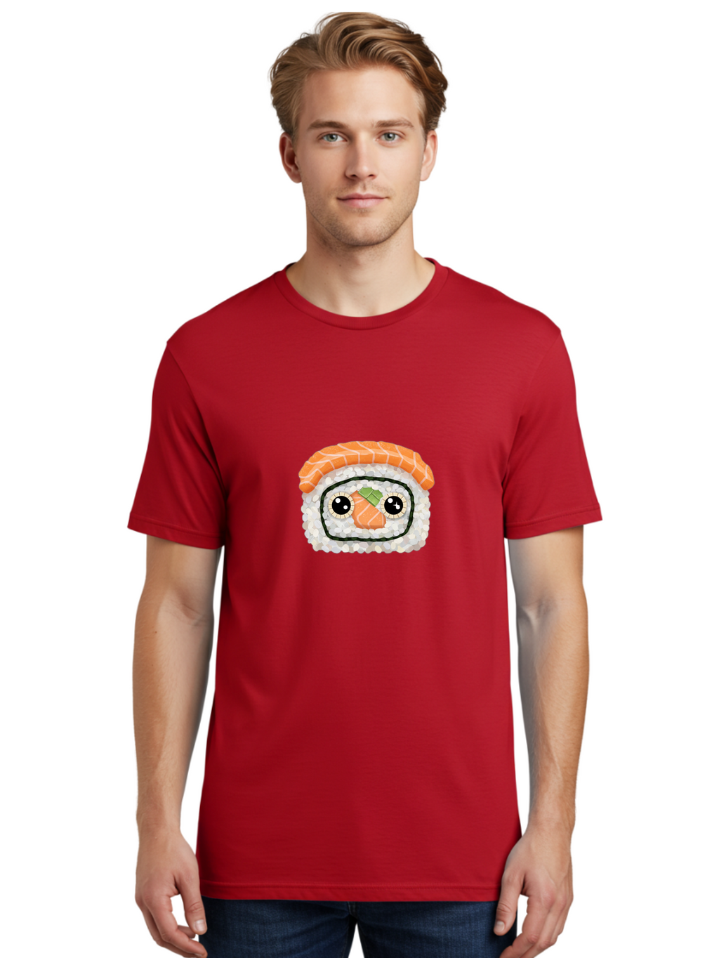 Sushi-Emoji Men'S Graphic Tee, 100% Cotton, Comfortable Casual Summer Wear, Machine Washable, Sushi With Face, Cartoon-Style Food, Kawaii Art, Sushi Roll, Anime-Inspired, Cute Illustration, Playful Design, Foodie Art Bad995