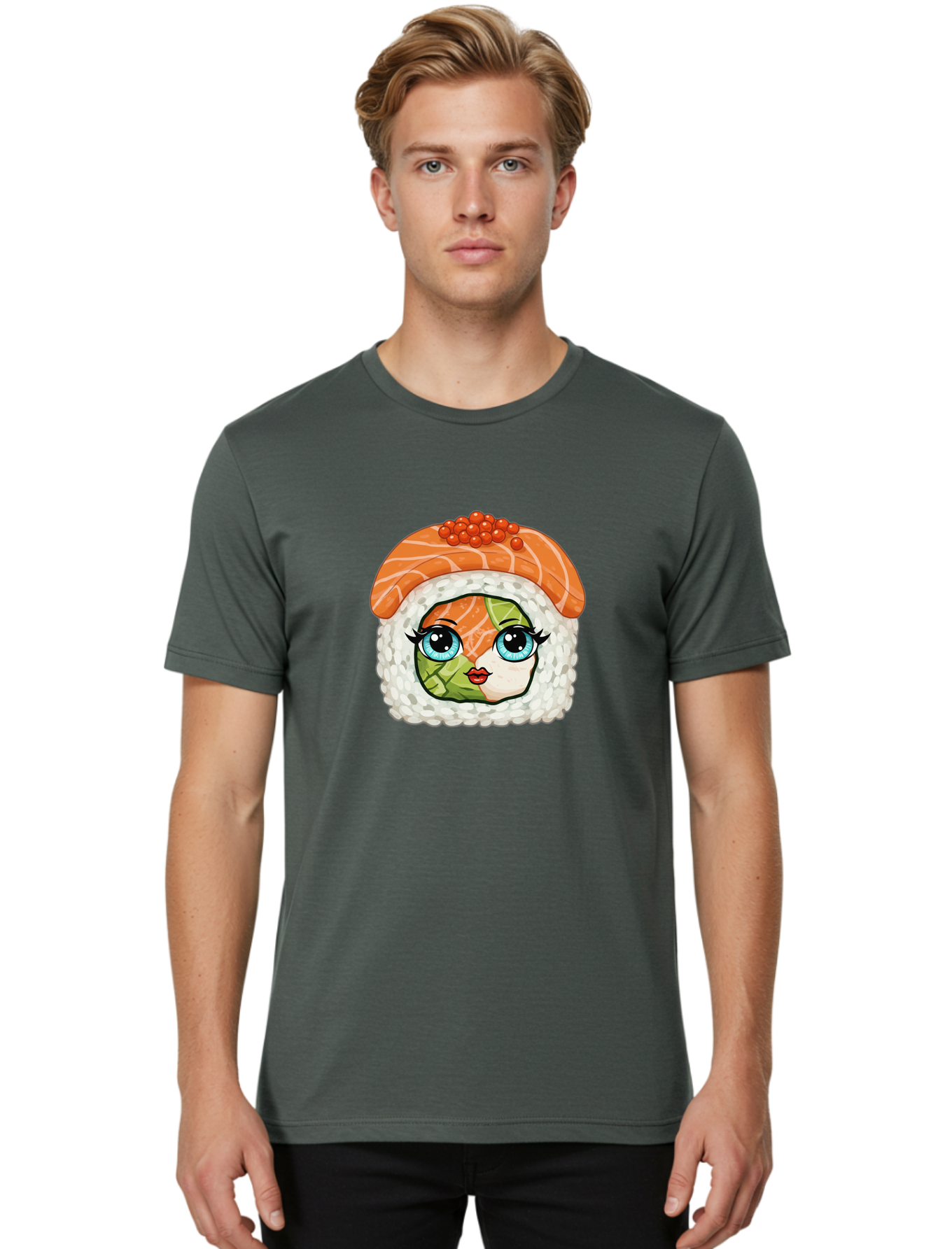 Sushi-Face Men'S Graphic Tee, 100% Cotton, Comfortable Casual Summer Wear, Machine Washable, Kawaii Sushi, Cartoon Sushi Roll, Sushi Art, Food Illustration, Sushi Character, Orange Salmon, Green Filling, Red Caviar, Blue Eyes, Cute Face Bad996