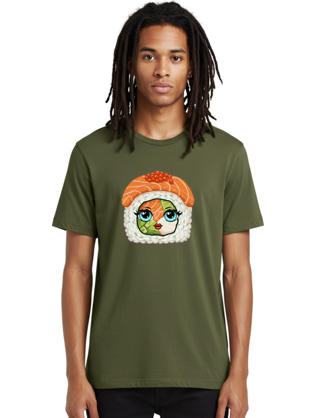 Sushi-Face Men'S Graphic Tee, 100% Cotton, Comfortable Casual Summer Wear, Machine Washable, Kawaii Sushi, Cartoon Sushi Roll, Sushi Art, Food Illustration, Sushi Character, Orange Salmon, Green Filling, Red Caviar, Blue Eyes, Cute Face Bad996