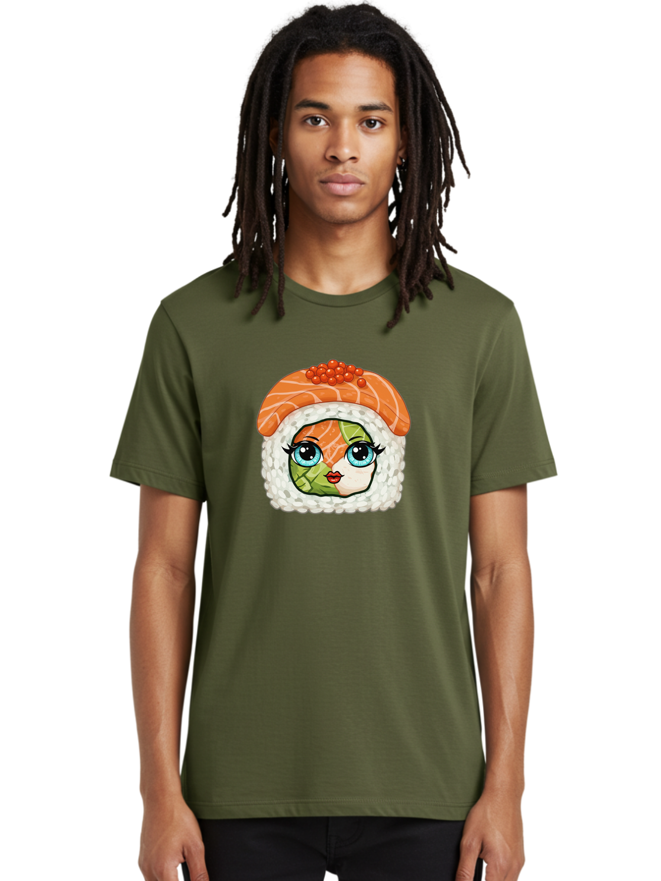 Sushi-Face Men'S Graphic Tee, 100% Cotton, Comfortable Casual Summer Wear, Machine Washable, Kawaii Sushi, Cartoon Sushi Roll, Sushi Art, Food Illustration, Sushi Character, Orange Salmon, Green Filling, Red Caviar, Blue Eyes, Cute Face Bad996