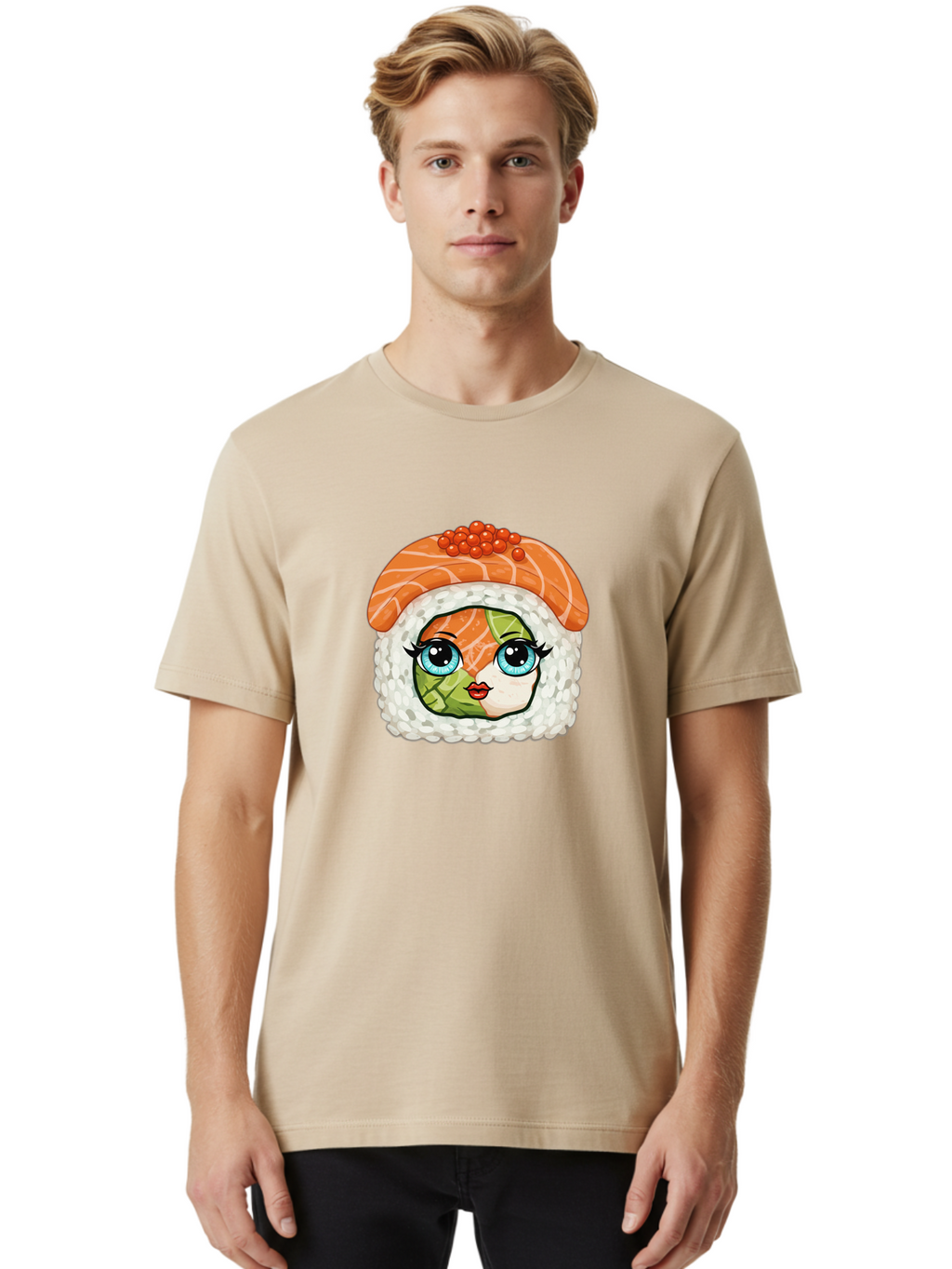 Sushi-Face Men'S Graphic Tee, 100% Cotton, Comfortable Casual Summer Wear, Machine Washable, Kawaii Sushi, Cartoon Sushi Roll, Sushi Art, Food Illustration, Sushi Character, Orange Salmon, Green Filling, Red Caviar, Blue Eyes, Cute Face Bad996
