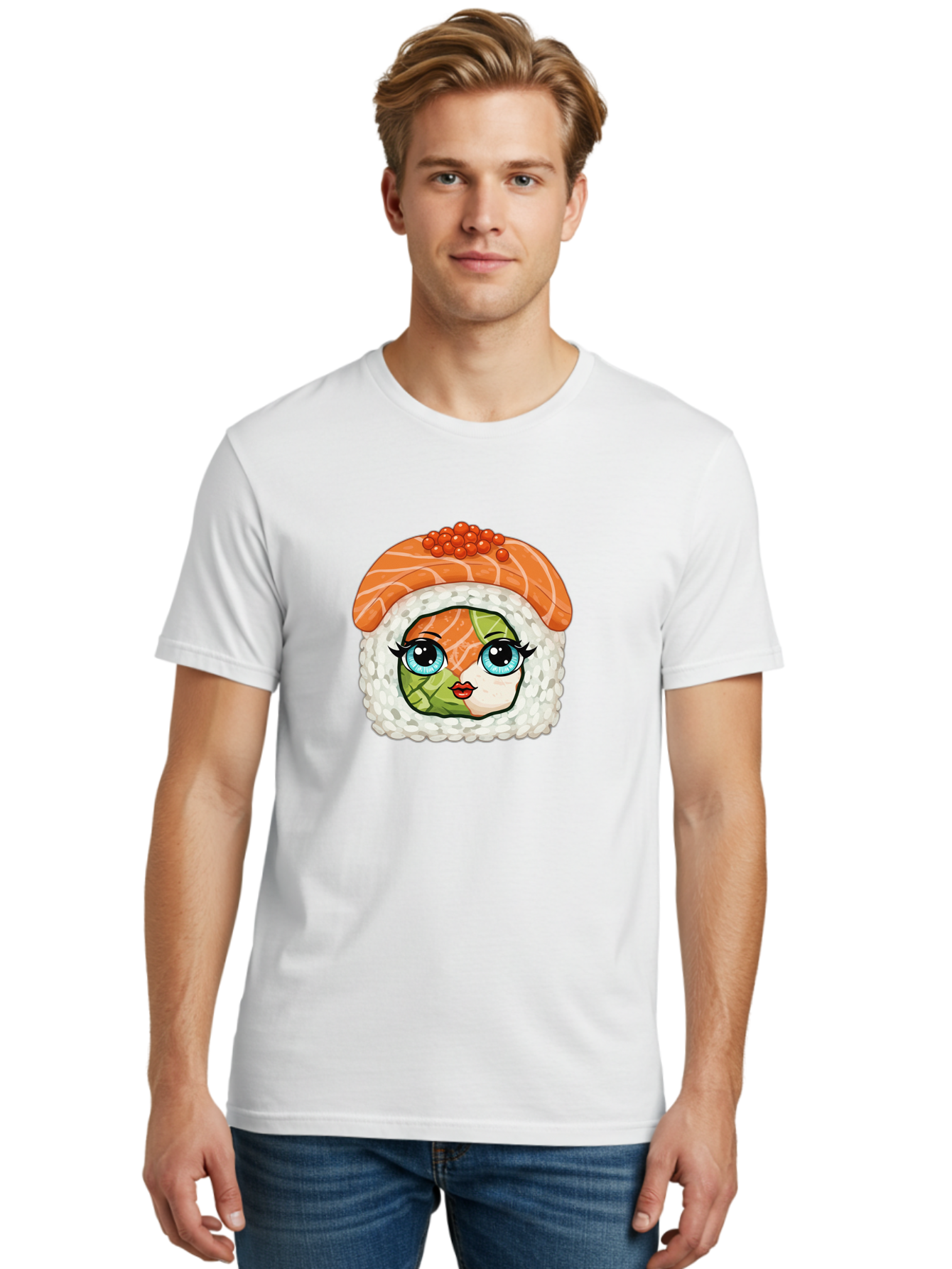 Sushi-Face Men'S Graphic Tee, 100% Cotton, Comfortable Casual Summer Wear, Machine Washable, Kawaii Sushi, Cartoon Sushi Roll, Sushi Art, Food Illustration, Sushi Character, Orange Salmon, Green Filling, Red Caviar, Blue Eyes, Cute Face Bad996