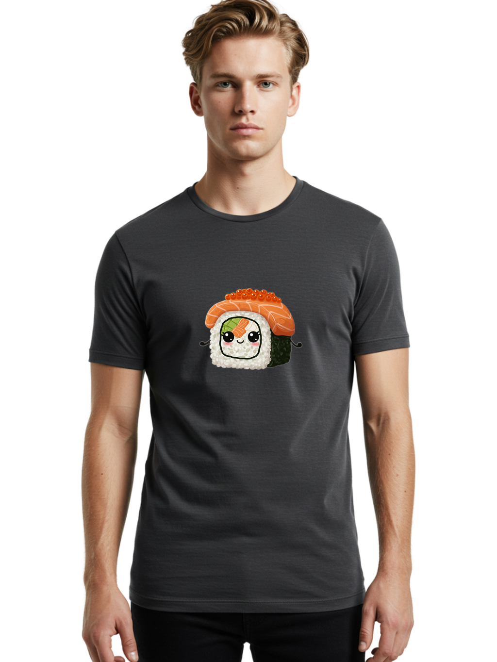 Sushi-Roll Men'S Graphic Tee, 100% Cotton, Comfortable Casual Summer Wear, Machine Washable, Kawaii Sushi Roll, Cartoon Sushi, Adorable Food, Sushi Character, Cute Anime Art, Foodie Illustrations, Mignardise, Orange Salmon, Sushi Love Bad999