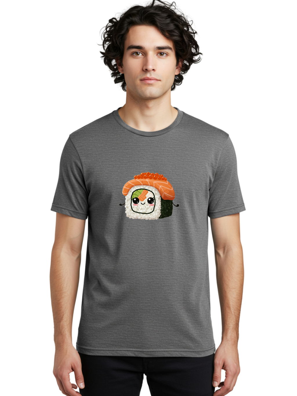 Sushi-Roll Men'S Graphic Tee, 100% Cotton, Comfortable Casual Summer Wear, Machine Washable, Kawaii Sushi Roll, Cartoon Sushi, Adorable Food, Sushi Character, Cute Anime Art, Foodie Illustrations, Mignardise, Orange Salmon, Sushi Love Bad999