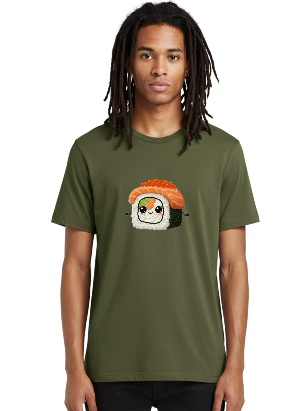 Sushi-Roll Men'S Graphic Tee, 100% Cotton, Comfortable Casual Summer Wear, Machine Washable, Kawaii Sushi Roll, Cartoon Sushi, Adorable Food, Sushi Character, Cute Anime Art, Foodie Illustrations, Mignardise, Orange Salmon, Sushi Love Bad999