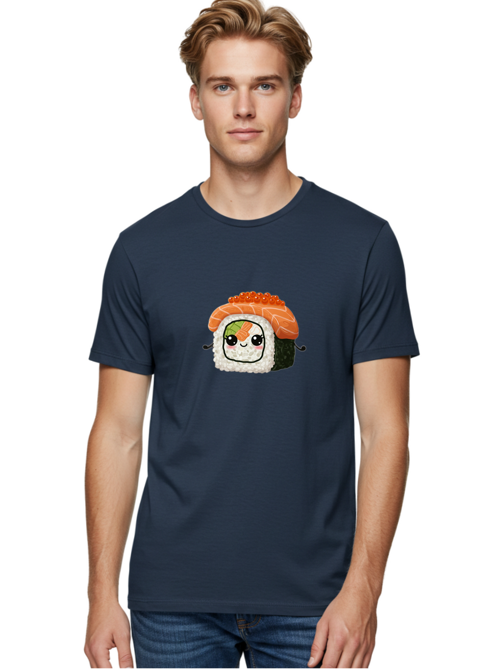 Sushi-Roll Men'S Graphic Tee, 100% Cotton, Comfortable Casual Summer Wear, Machine Washable, Kawaii Sushi Roll, Cartoon Sushi, Adorable Food, Sushi Character, Cute Anime Art, Foodie Illustrations, Mignardise, Orange Salmon, Sushi Love Bad999