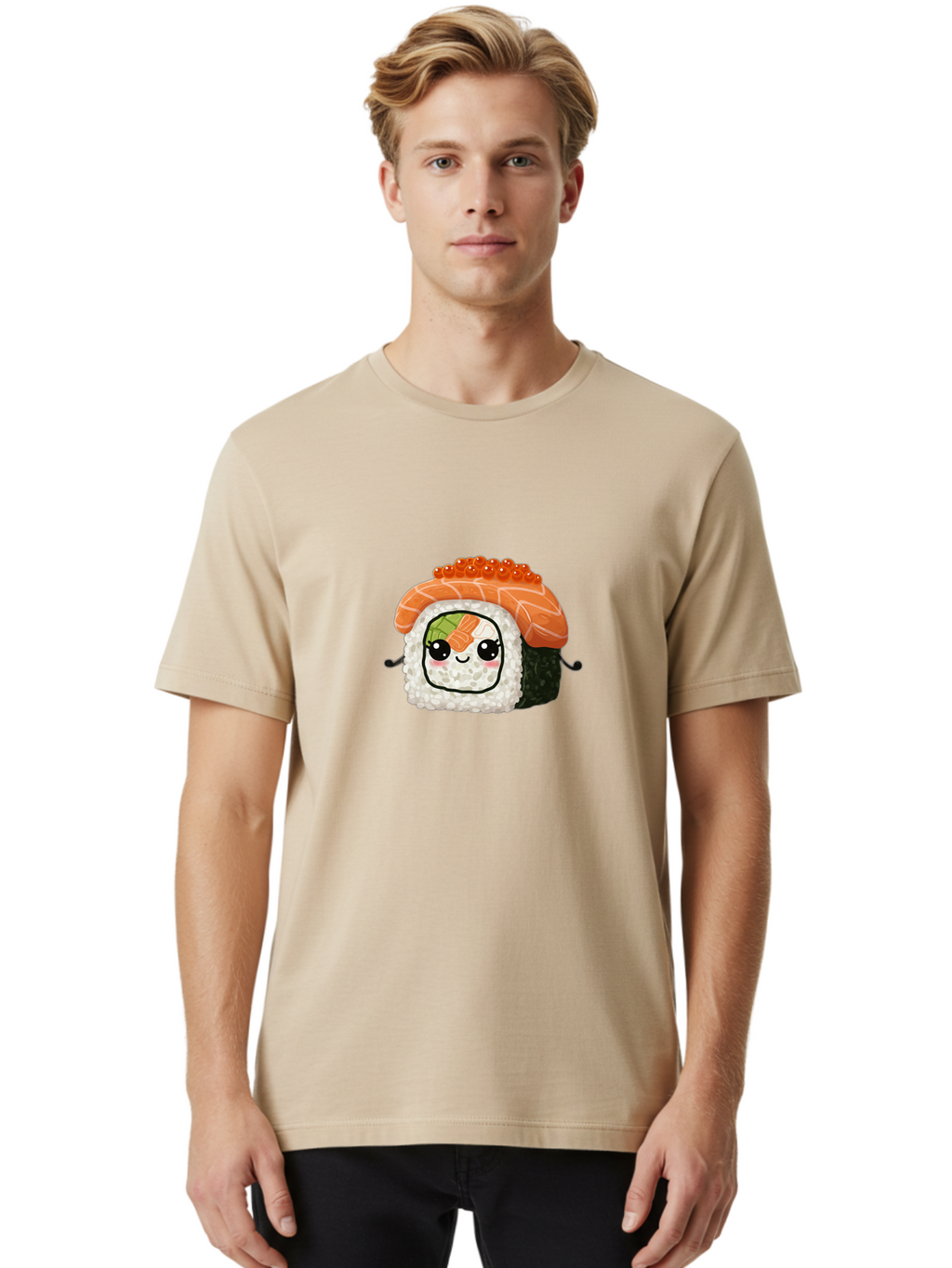 Sushi-Roll Men'S Graphic Tee, 100% Cotton, Comfortable Casual Summer Wear, Machine Washable, Kawaii Sushi Roll, Cartoon Sushi, Adorable Food, Sushi Character, Cute Anime Art, Foodie Illustrations, Mignardise, Orange Salmon, Sushi Love Bad999