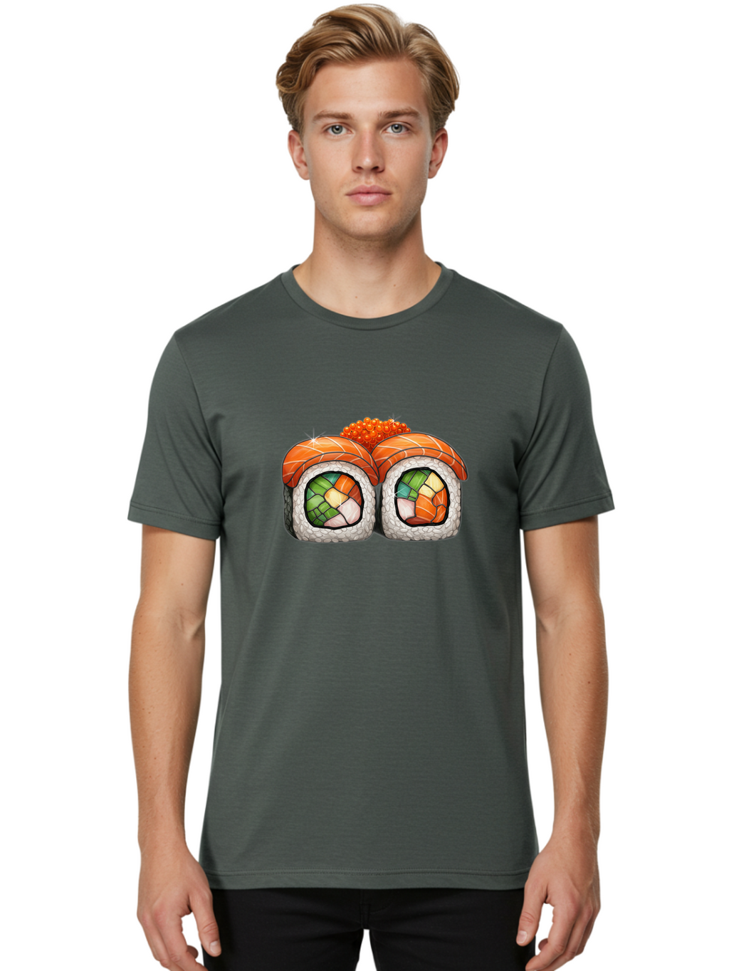 Sushi-Rolls Men'S Graphic Tee, 100% Cotton, Comfortable Casual Summer Wear, Machine Washable, Sushi Rolls, Salmon Sushi, Japanese Cuisine, Raw Fish, Sushi Art, Vibrant Colors, Food Illustration, Colorful Sushi, Sushi Rolls With Caviar Bae000