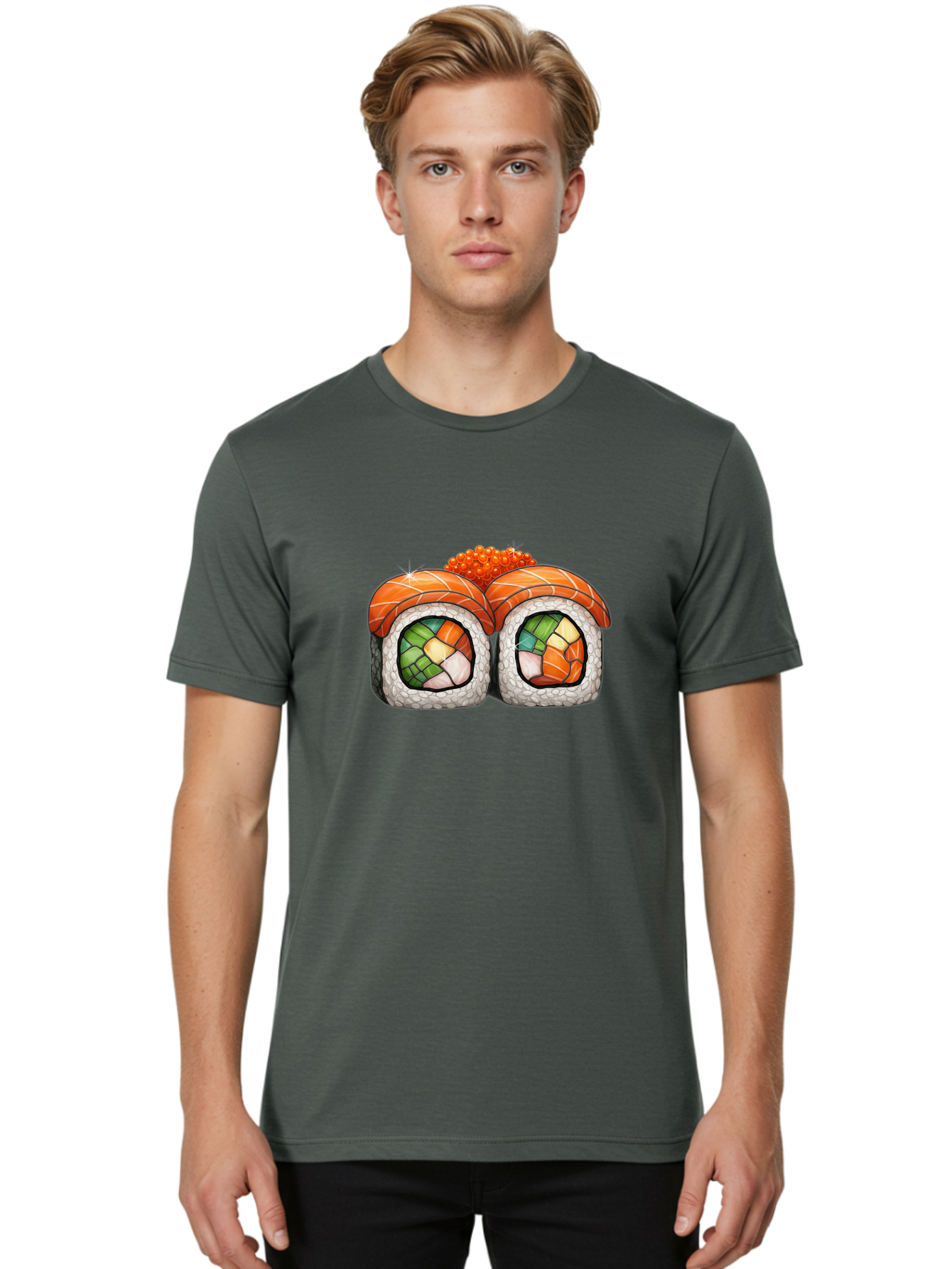Sushi-Rolls Men'S Graphic Tee, 100% Cotton, Comfortable Casual Summer Wear, Machine Washable, Sushi Rolls, Salmon Sushi, Japanese Cuisine, Raw Fish, Sushi Art, Vibrant Colors, Food Illustration, Colorful Sushi, Sushi Rolls With Caviar Bae000