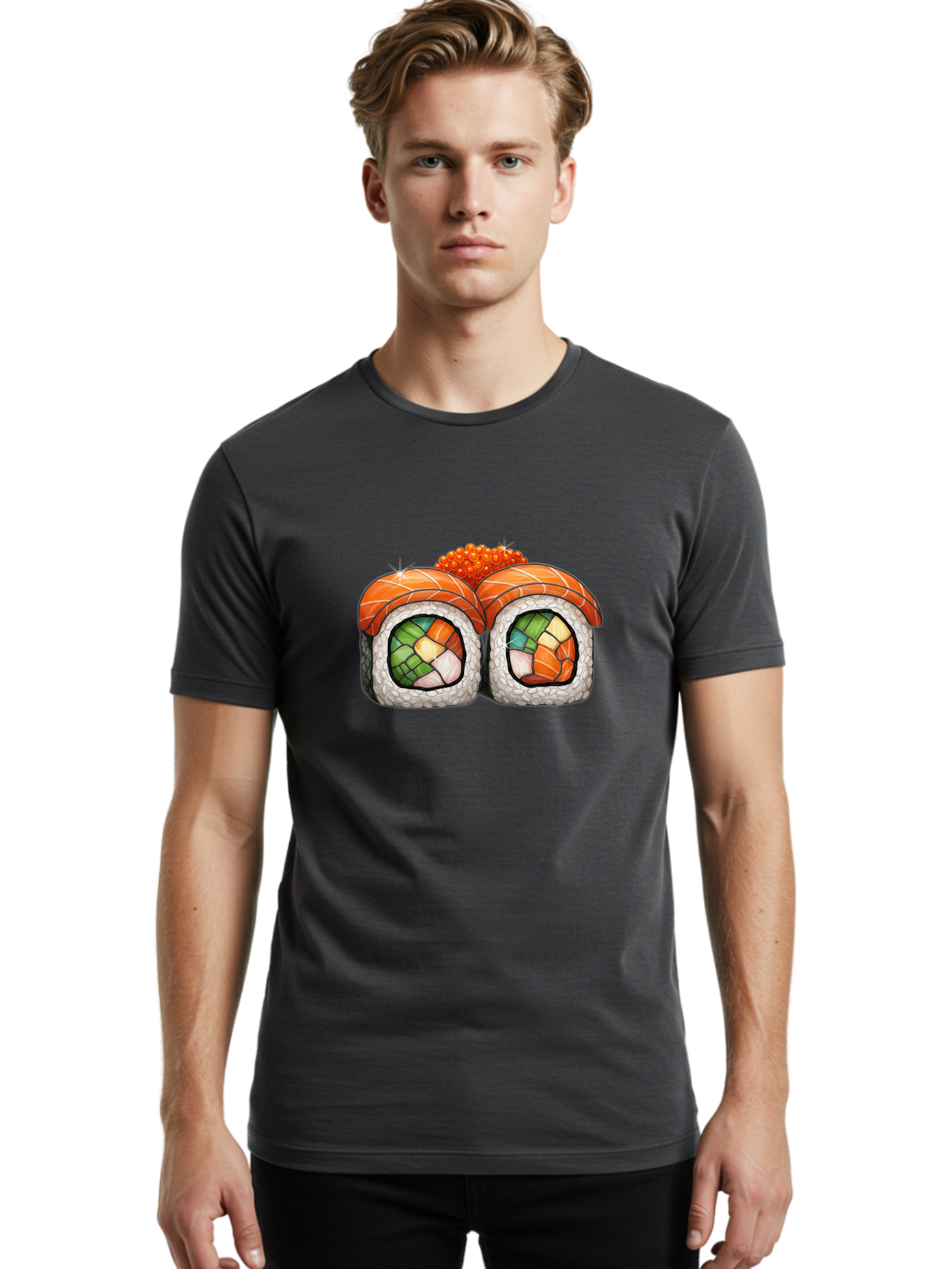 Sushi-Rolls Men'S Graphic Tee, 100% Cotton, Comfortable Casual Summer Wear, Machine Washable, Sushi Rolls, Salmon Sushi, Japanese Cuisine, Raw Fish, Sushi Art, Vibrant Colors, Food Illustration, Colorful Sushi, Sushi Rolls With Caviar Bae000