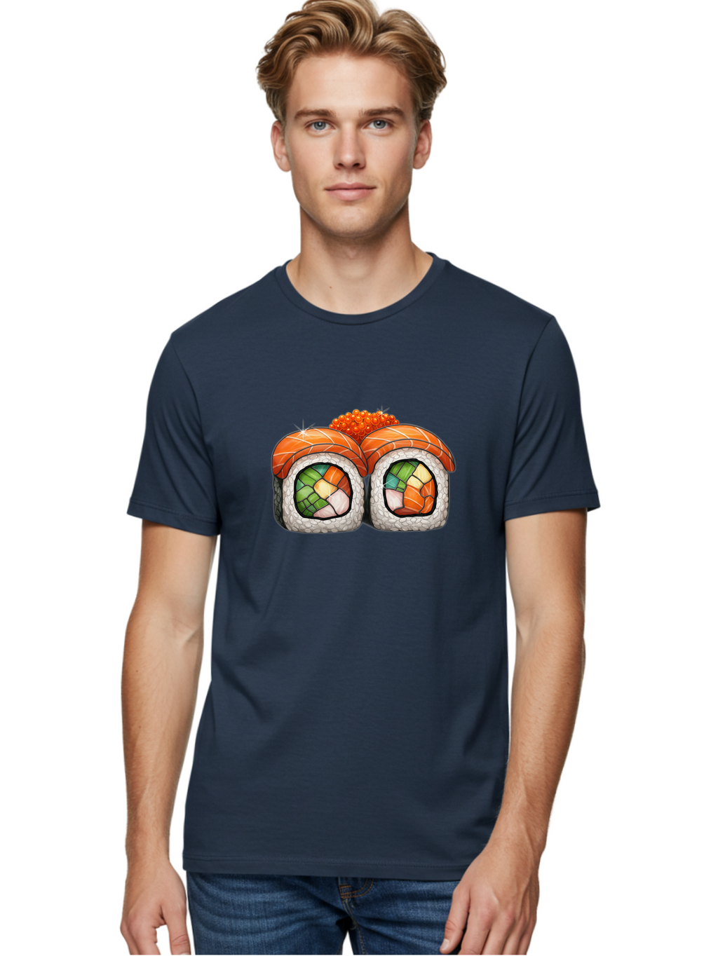 Sushi-Rolls Men'S Graphic Tee, 100% Cotton, Comfortable Casual Summer Wear, Machine Washable, Sushi Rolls, Salmon Sushi, Japanese Cuisine, Raw Fish, Sushi Art, Vibrant Colors, Food Illustration, Colorful Sushi, Sushi Rolls With Caviar Bae000