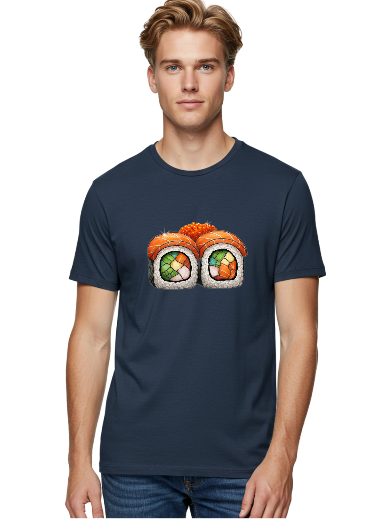 Sushi-Rolls Men'S Graphic Tee, 100% Cotton, Comfortable Casual Summer Wear, Machine Washable, Sushi Rolls, Salmon Sushi, Japanese Cuisine, Raw Fish, Sushi Art, Vibrant Colors, Food Illustration, Colorful Sushi, Sushi Rolls With Caviar Bae000