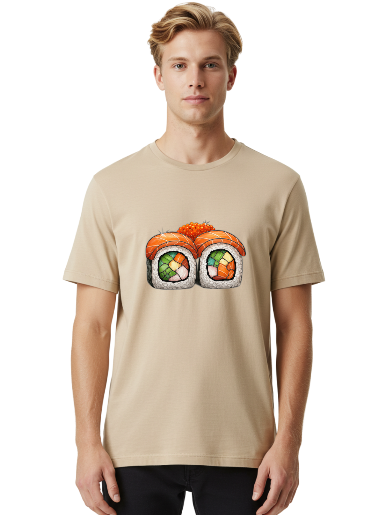 Sushi-Rolls Men'S Graphic Tee, 100% Cotton, Comfortable Casual Summer Wear, Machine Washable, Sushi Rolls, Salmon Sushi, Japanese Cuisine, Raw Fish, Sushi Art, Vibrant Colors, Food Illustration, Colorful Sushi, Sushi Rolls With Caviar Bae000