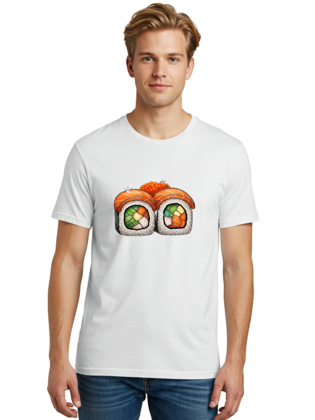 Sushi-Rolls Men'S Graphic Tee, 100% Cotton, Comfortable Casual Summer Wear, Machine Washable, Sushi Rolls, Salmon Sushi, Japanese Cuisine, Raw Fish, Sushi Art, Vibrant Colors, Food Illustration, Colorful Sushi, Sushi Rolls With Caviar Bae000