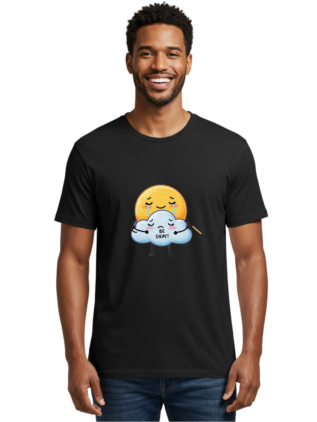 Be-Okay Men'S Graphic Tee, 100% Cotton, Comfortable Casual Summer Wear, Machine Washable, Crying Sun, Cloud Hugging Sun, Emotional Support, Comforting Words, Positive Affirmation, Mental Health Awareness, Cute Cartoon Characters, Bae002