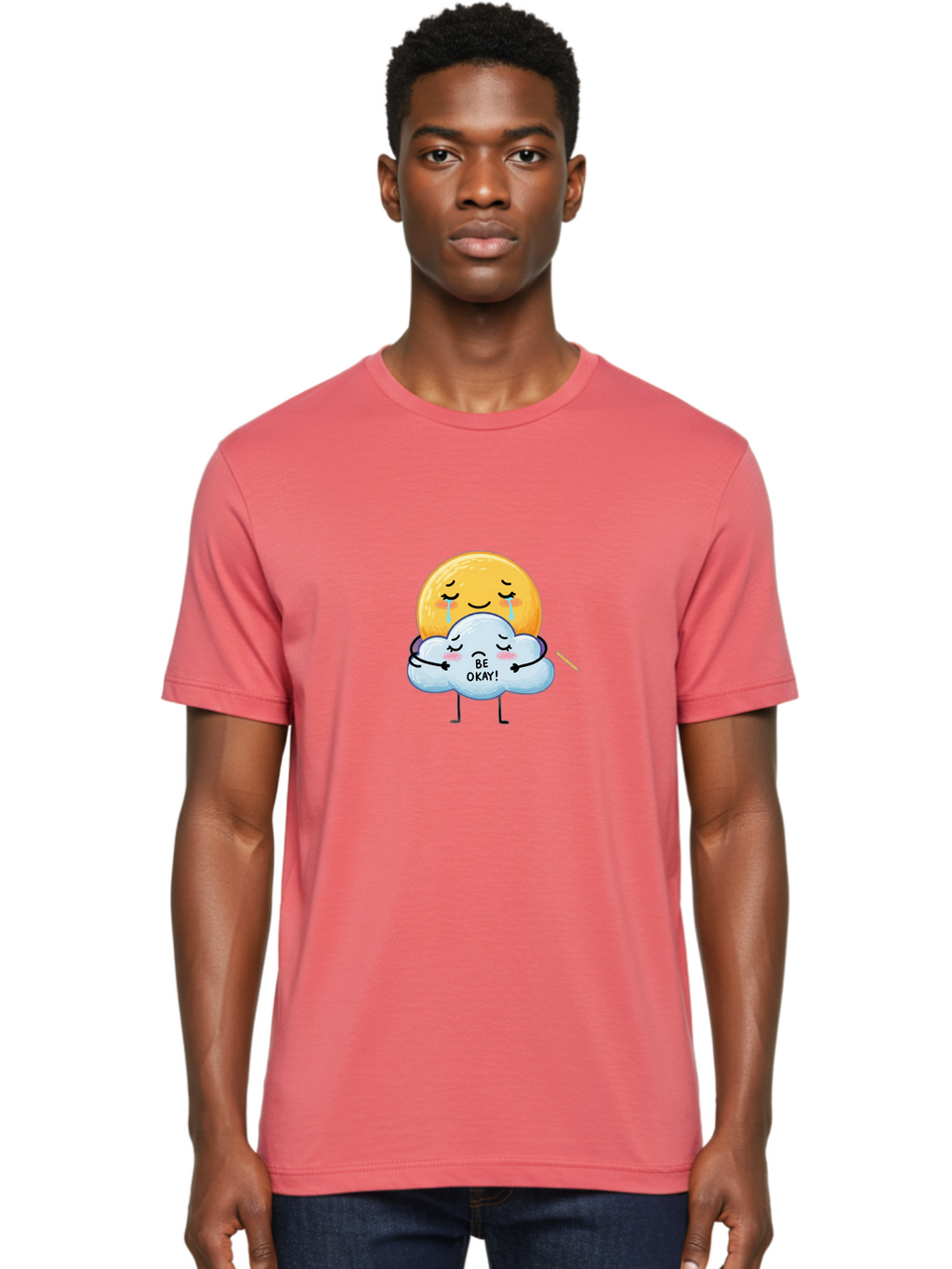Be-Okay Men'S Graphic Tee, 100% Cotton, Comfortable Casual Summer Wear, Machine Washable, Crying Sun, Cloud Hugging Sun, Emotional Support, Comforting Words, Positive Affirmation, Mental Health Awareness, Cute Cartoon Characters, Bae002