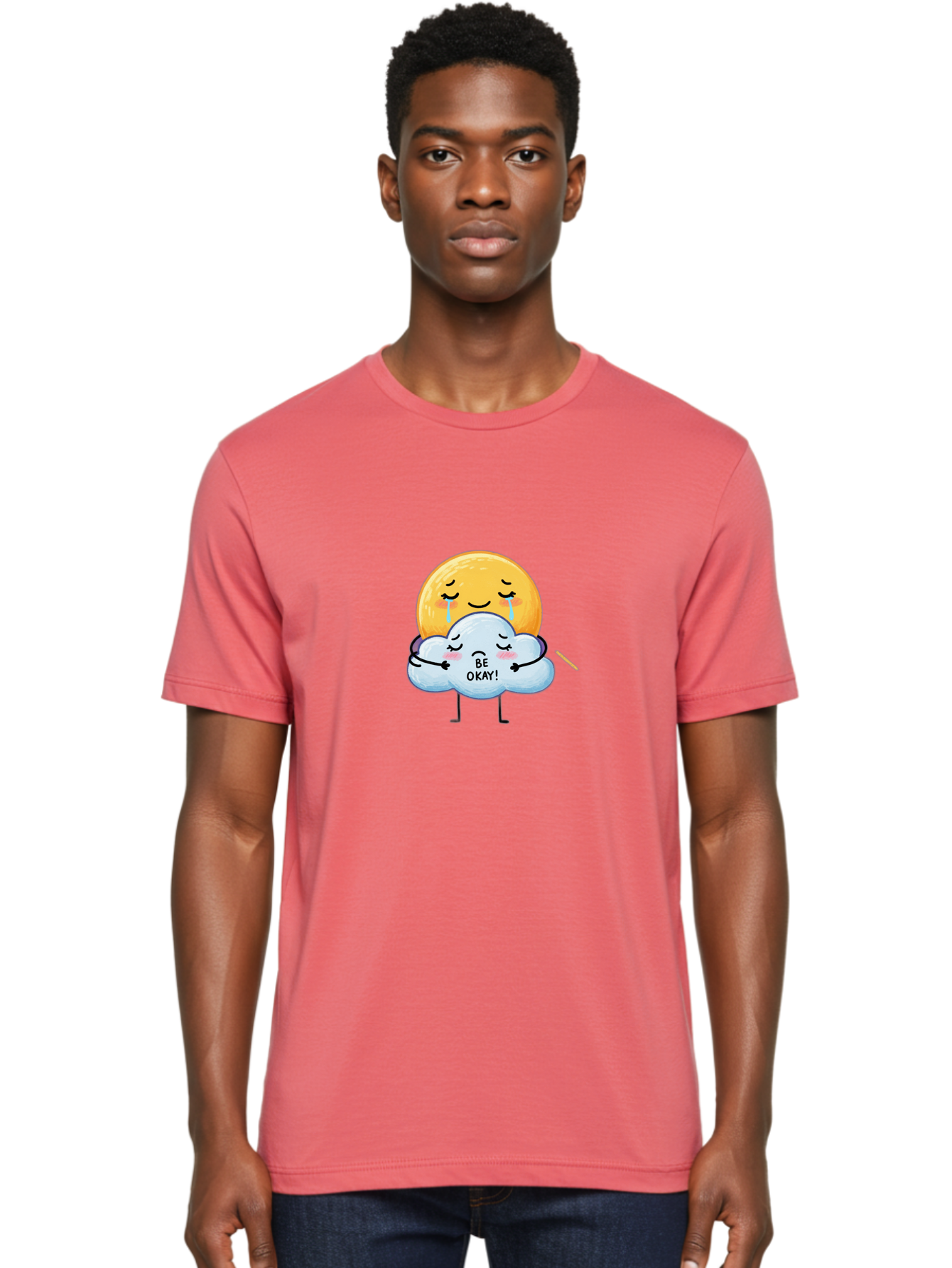 Be-Okay Men'S Graphic Tee, 100% Cotton, Comfortable Casual Summer Wear, Machine Washable, Crying Sun, Cloud Hugging Sun, Emotional Support, Comforting Words, Positive Affirmation, Mental Health Awareness, Cute Cartoon Characters, Bae002