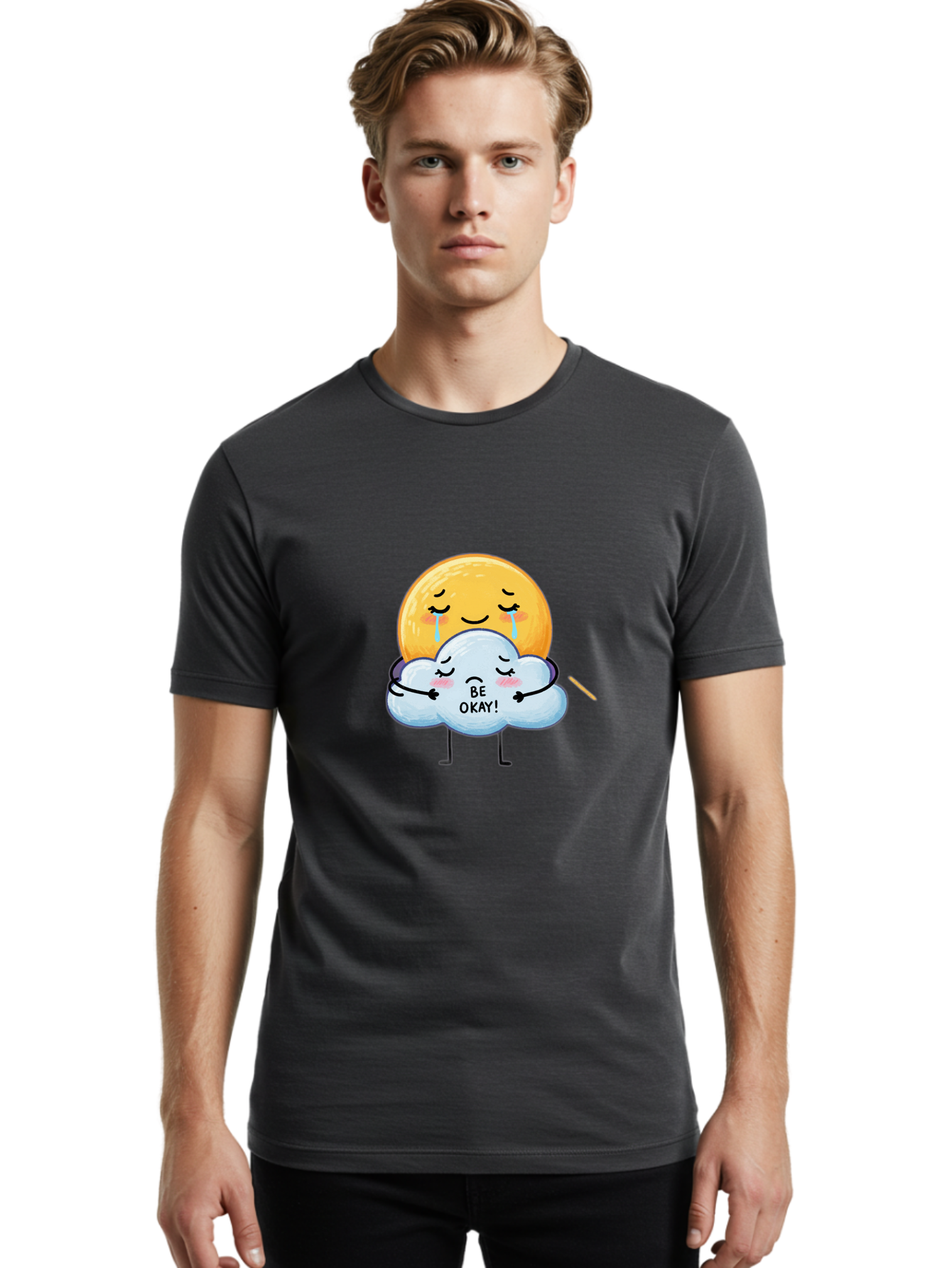 Be-Okay Men'S Graphic Tee, 100% Cotton, Comfortable Casual Summer Wear, Machine Washable, Crying Sun, Cloud Hugging Sun, Emotional Support, Comforting Words, Positive Affirmation, Mental Health Awareness, Cute Cartoon Characters, Bae002